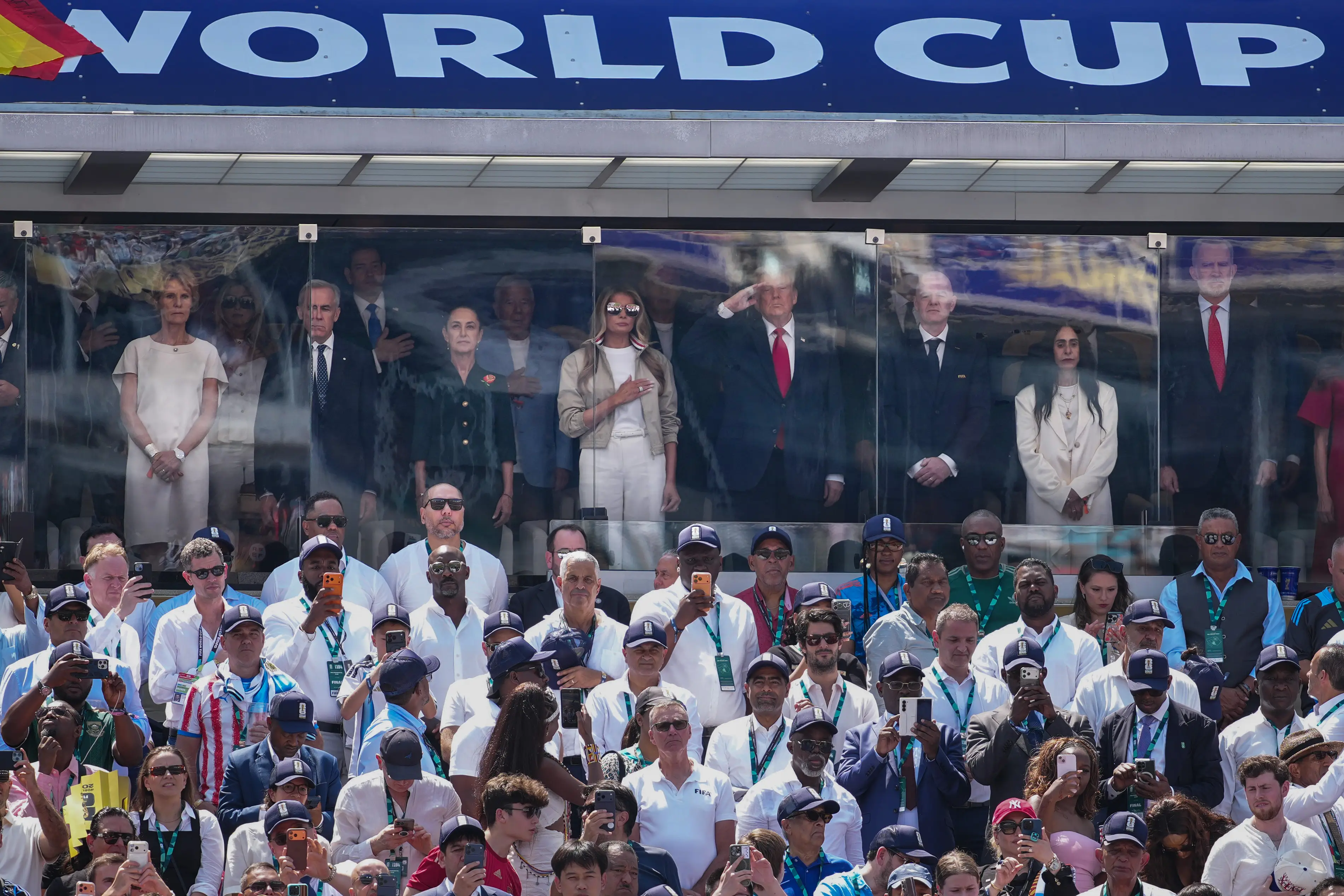 US President Donald Trump, first lady Melania Trump, and FIFA President Gianni Infantino attend the FIFA World Cup 2026 Final between Spain and Argentina at New York New Jersey Stadium on July 19, 2026, in East Rutherford, New Jersey