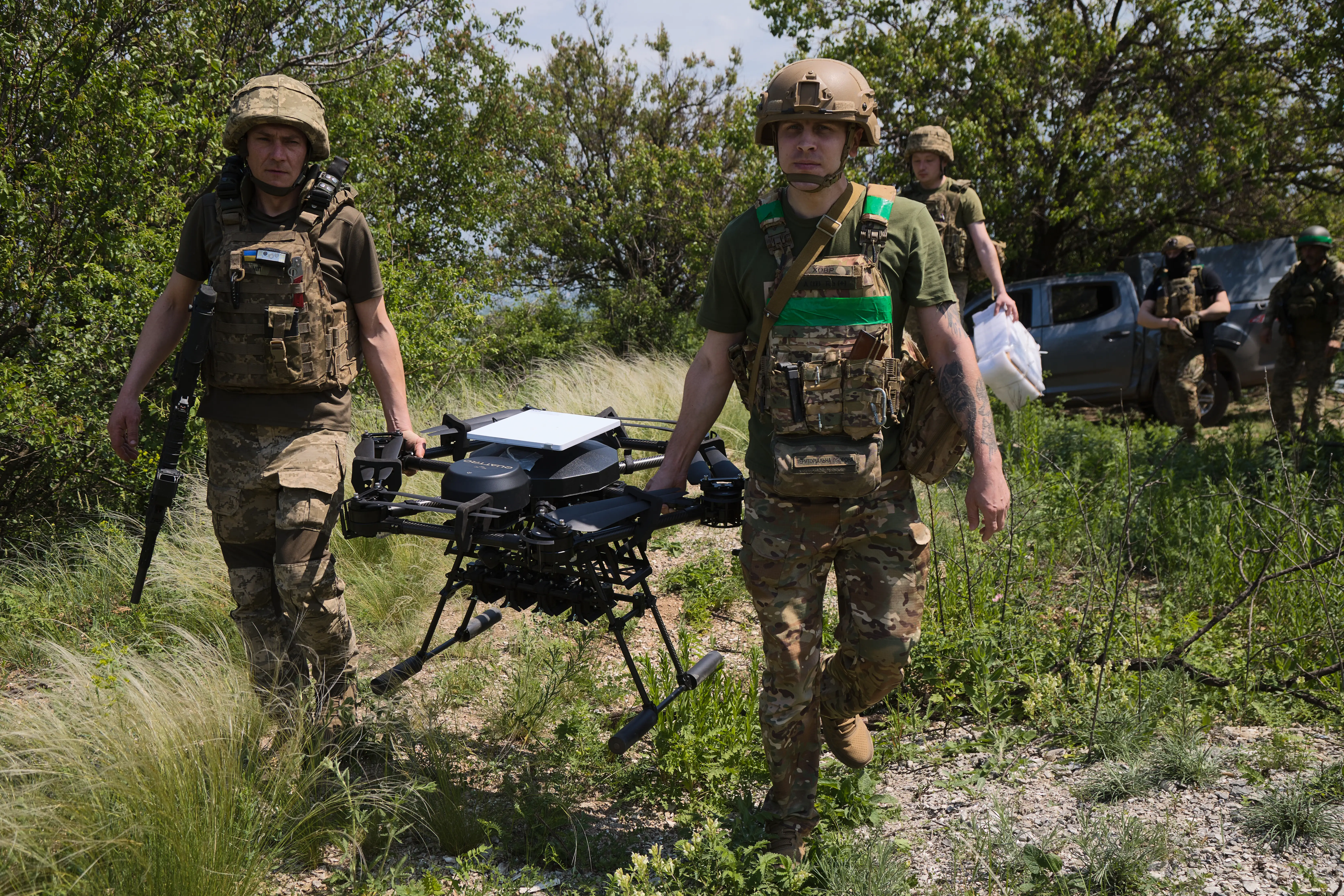 Servicemen of the 109th Brigade of the Armed Forces of Ukraine operate Ukrainian-made Vampire heavy bomber drones along the fortress belt in the Donetsk region on May 23, 2026, in Donetsk, Ukraine.