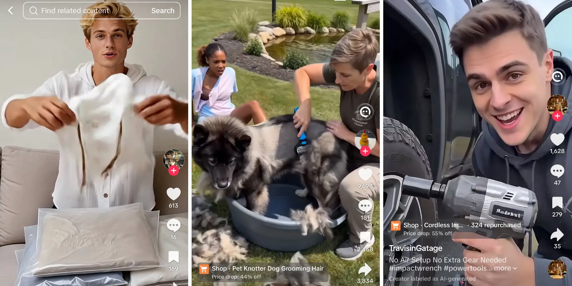 An AI generated influencer shows off a shirt, next to AI creators brushing a dog and using a power tool.