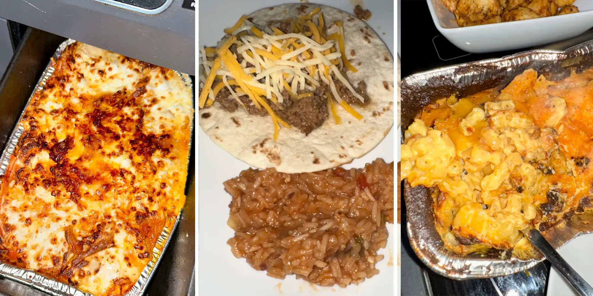 Side by side of spaghetti bake in air fryer, taco with rice, mac and cheese in foil pan