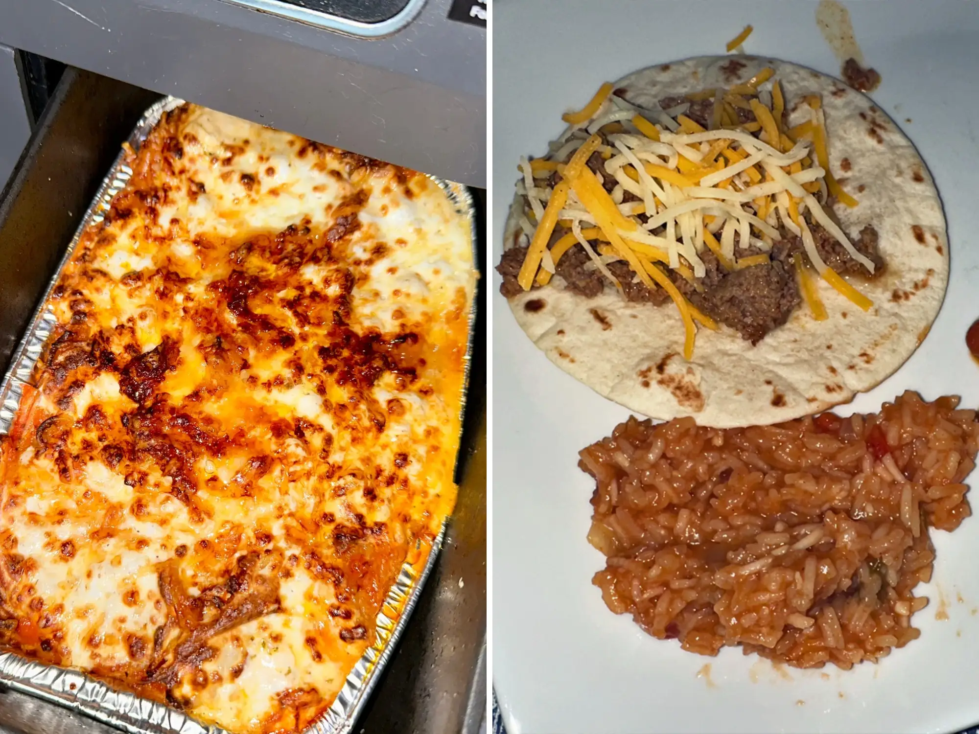 side by side of pasta bake in air fryer next to image of taco with rice