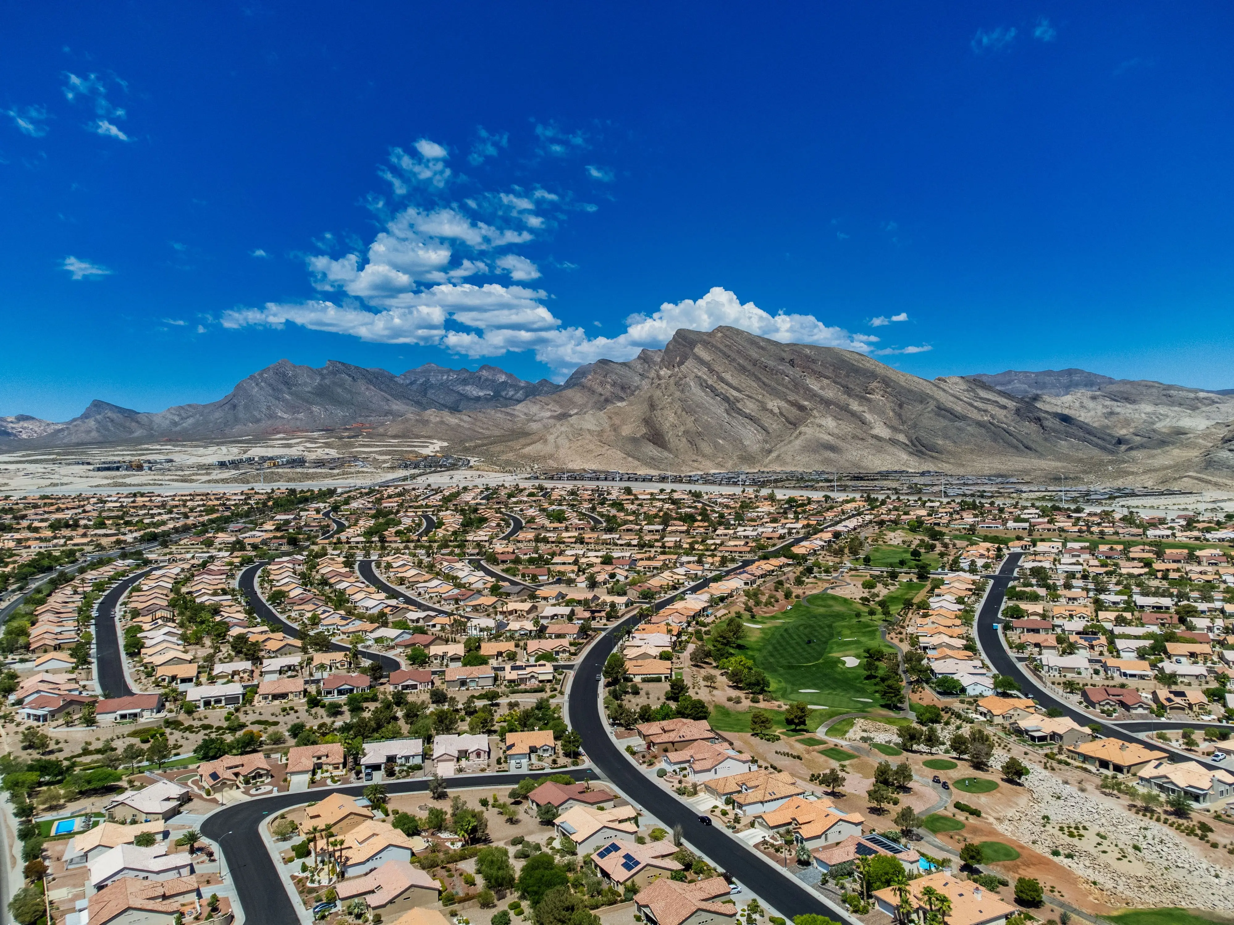 Aerial shot of the Summerlin under a blue sky and sunlight in Las Vegas, Nevada stock photo