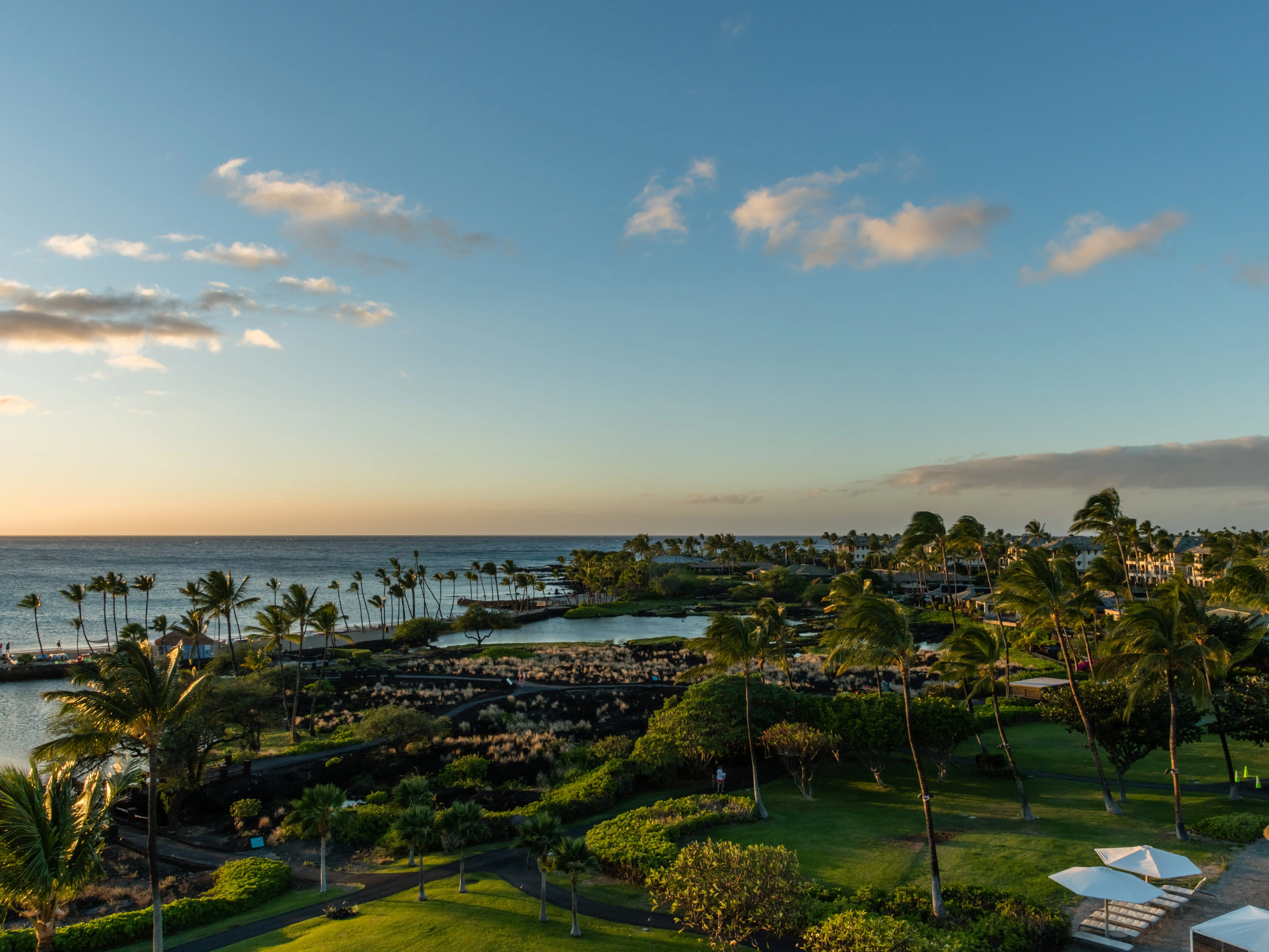 Beautiful aerial Waikoloa Beach vista at sunset, Big Island, Hawaii stock photo