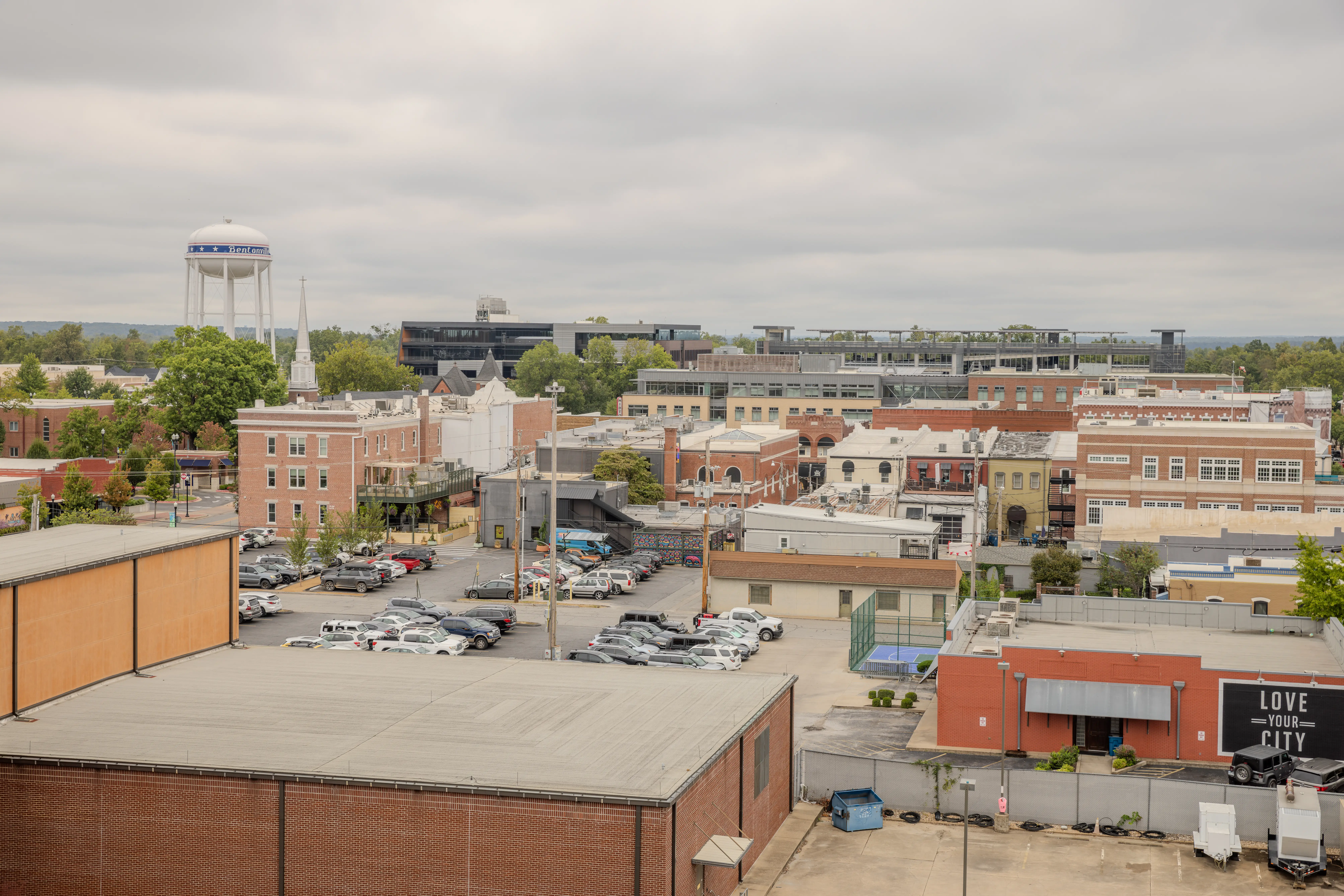 Bentonville, Arkansas - September 23, 2024: A view of downtown Bentonville on a cloudy day from the new Ledger building.
