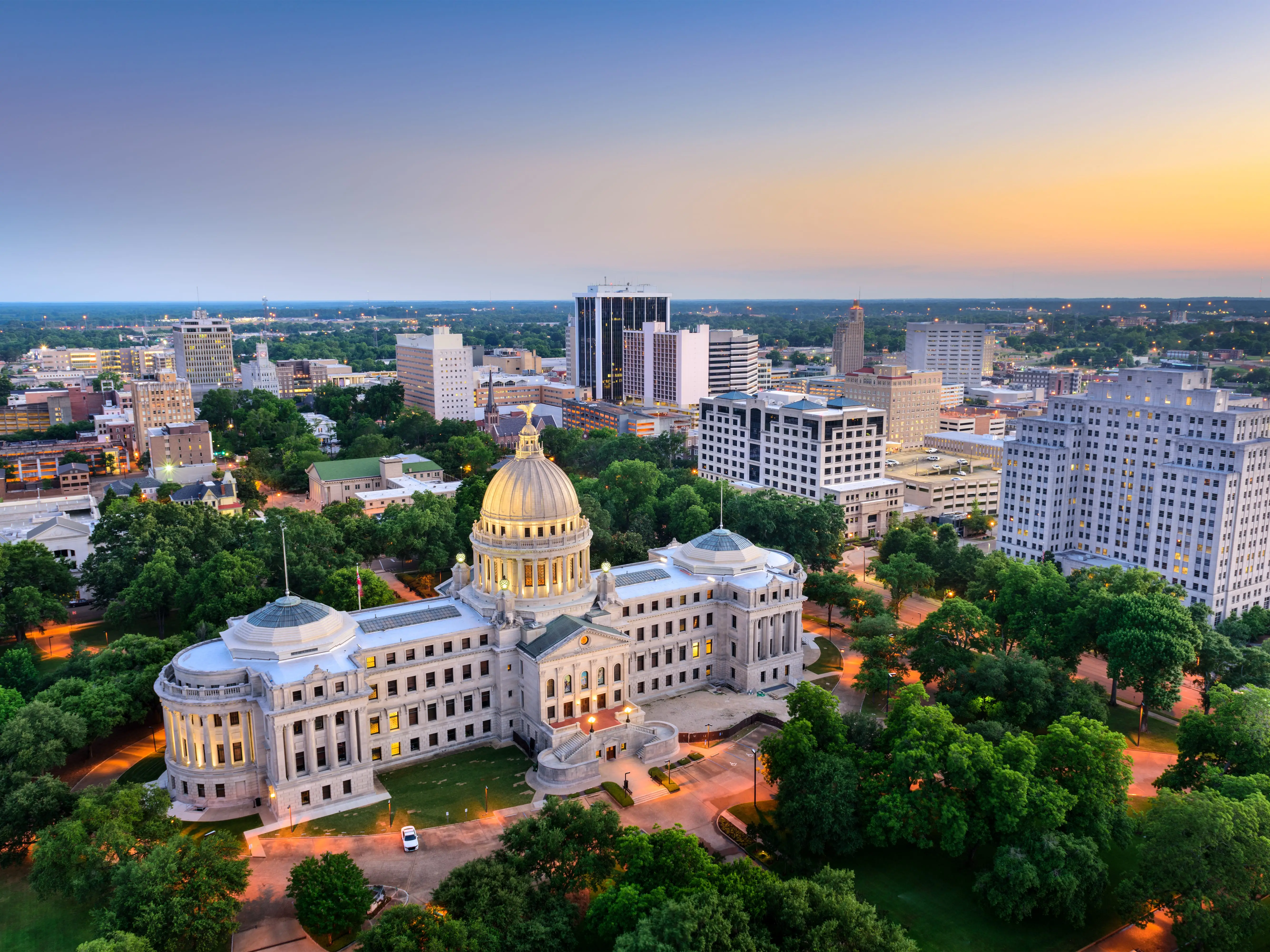 Jackson, Mississippi, USA cityscape at dusk.