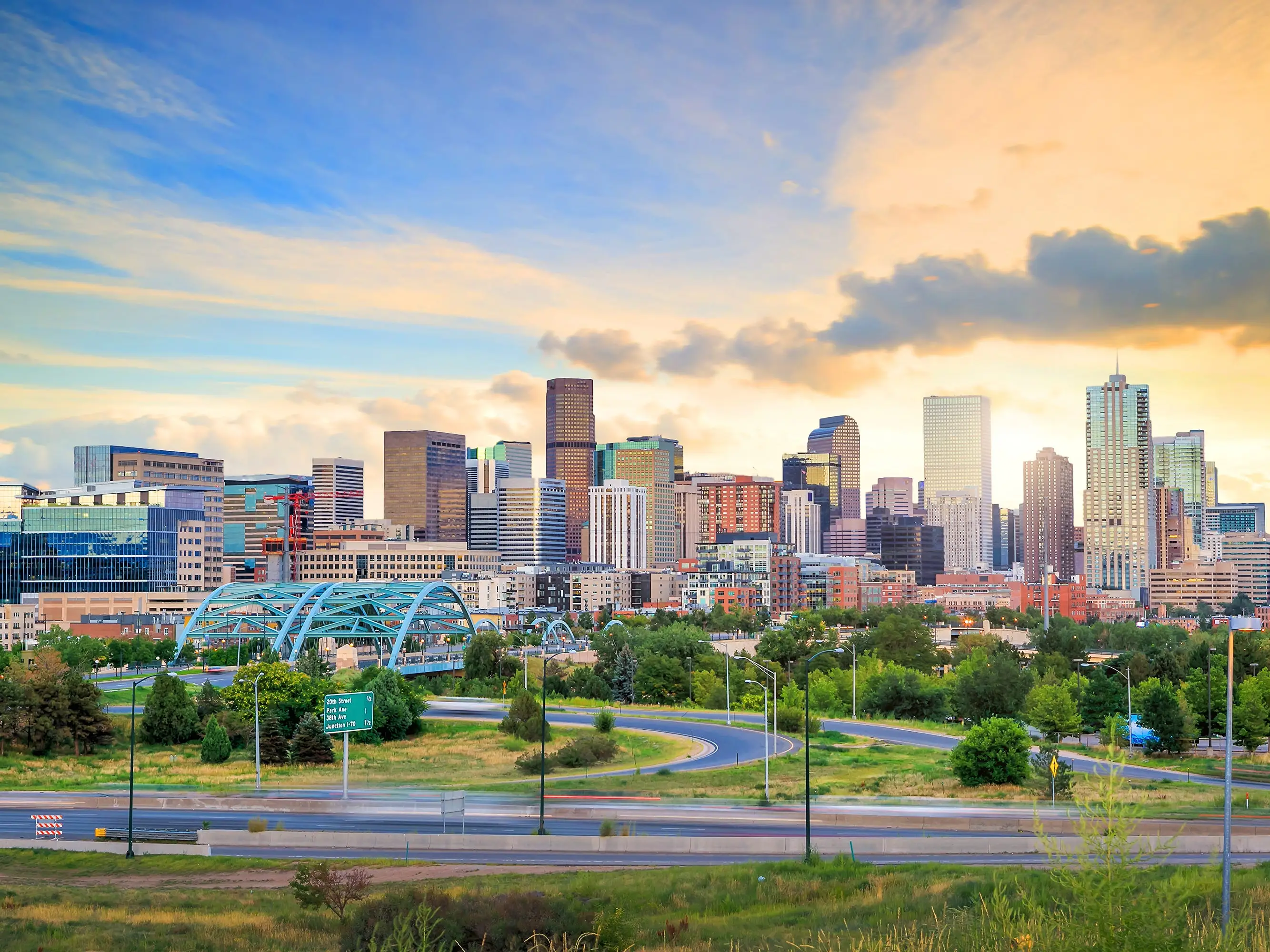 Panorama of Denver skyline long exposure at twilight.