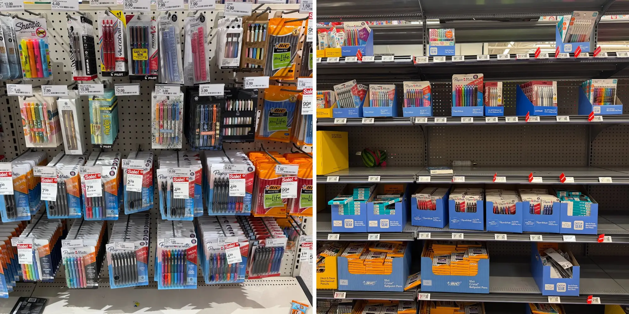 Side by side of Target pen section vs Walmart pen section