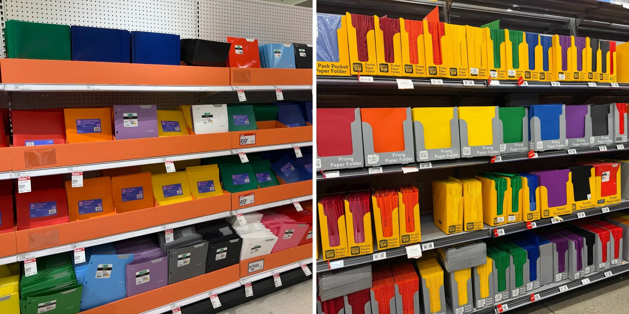 Side by side of folder section in Target next to folder section in Walmart