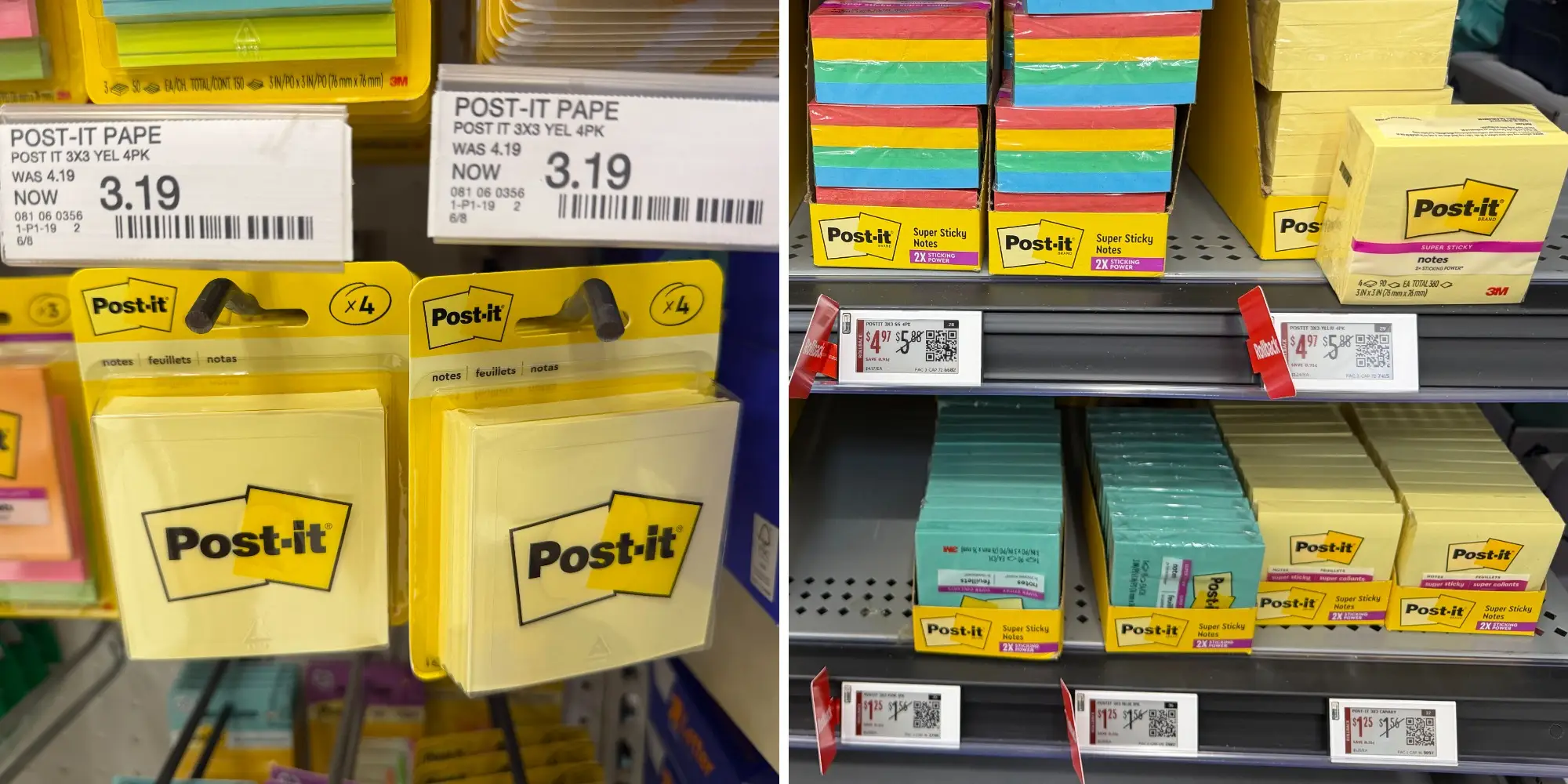 side by side of Target post-it packs next to display of post-it packs at Walmart