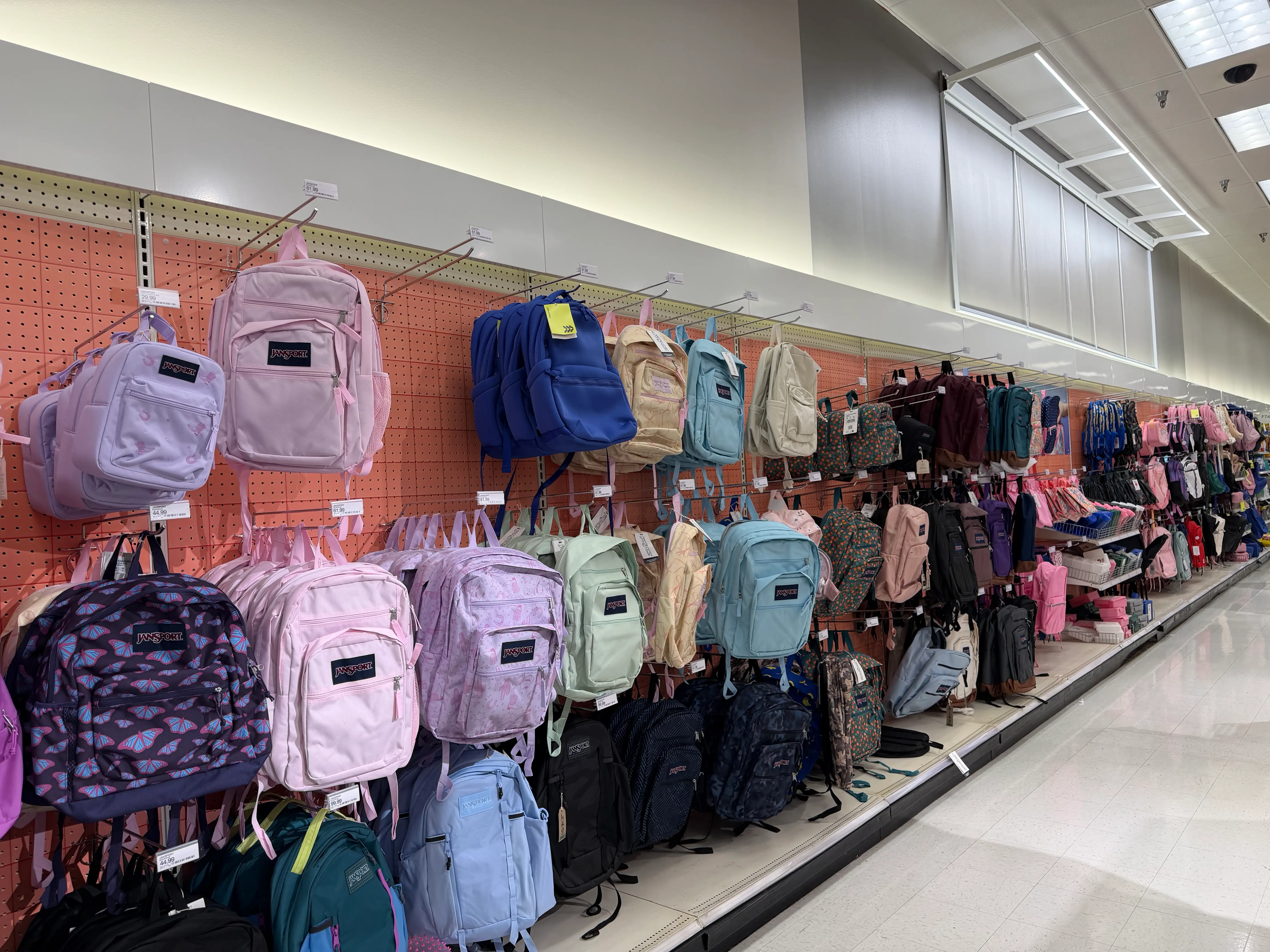 Huge aisle of backpacks at Target