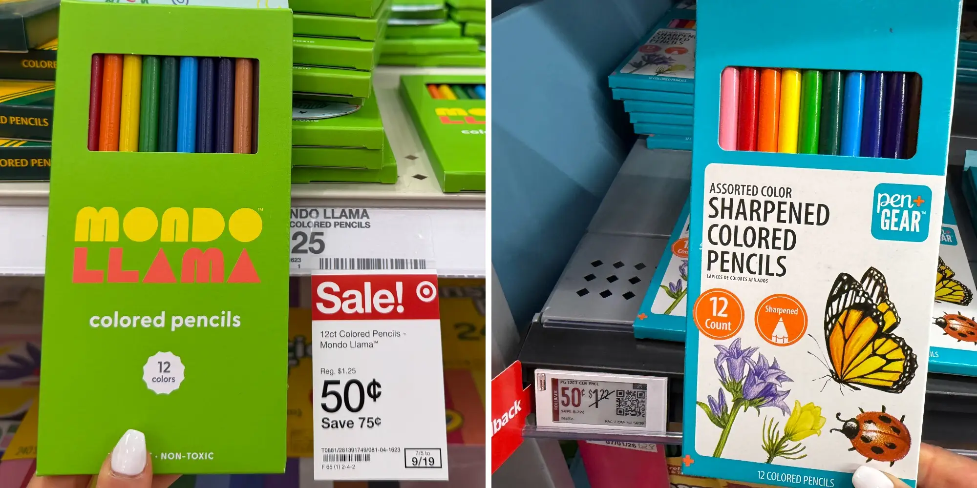 Compsoite of Mondo Llama colored pencil box at Target for 50 cents next to image of Pen+gear colored pencils for 50 cents at Walmart