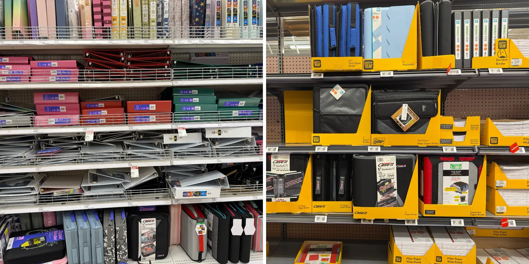 Photo of Target binder aisle next to phot of Walmart binder aisle