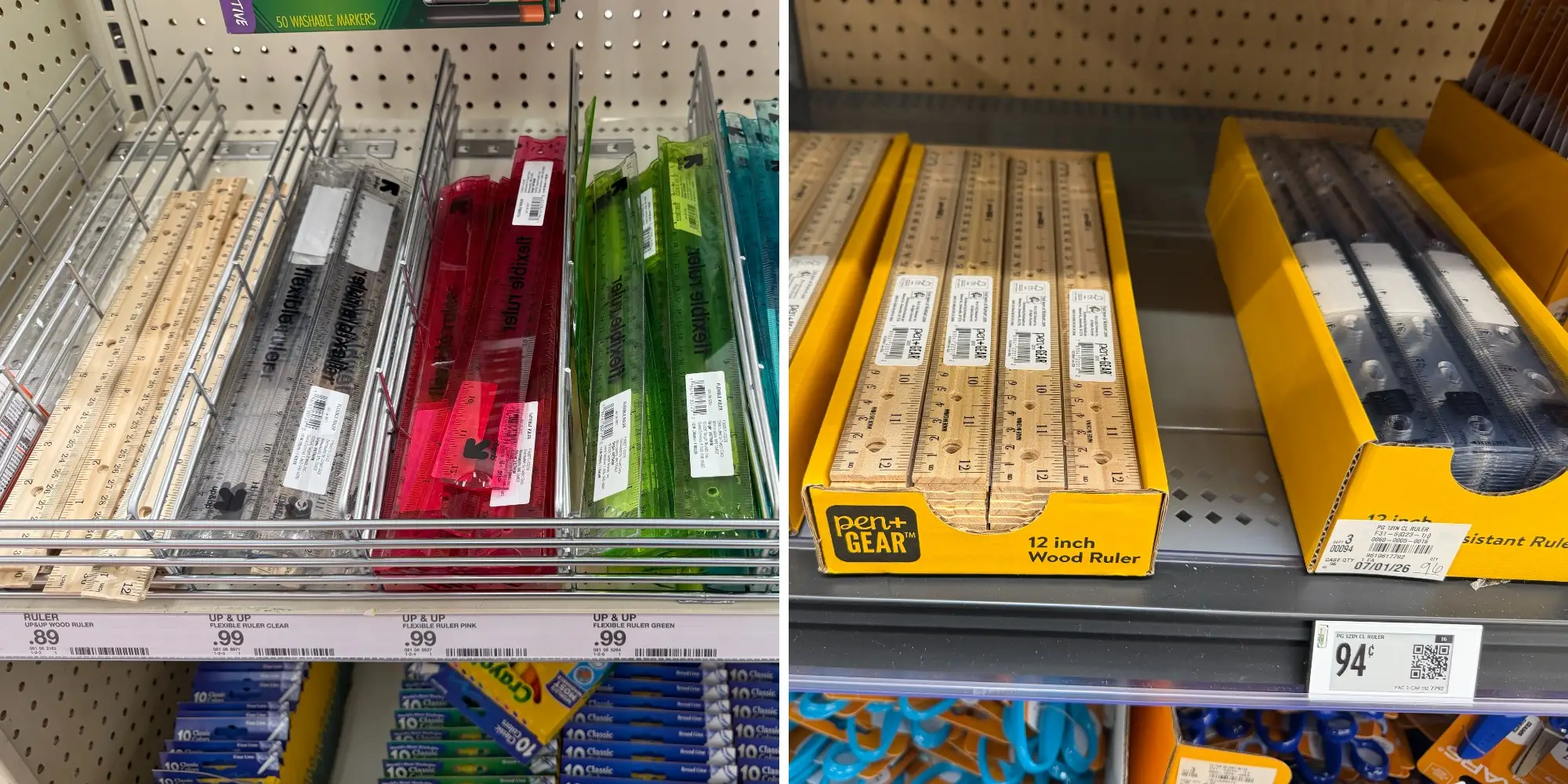 side by side of rulers for sale at target next to display of rulers for sale at Walmart