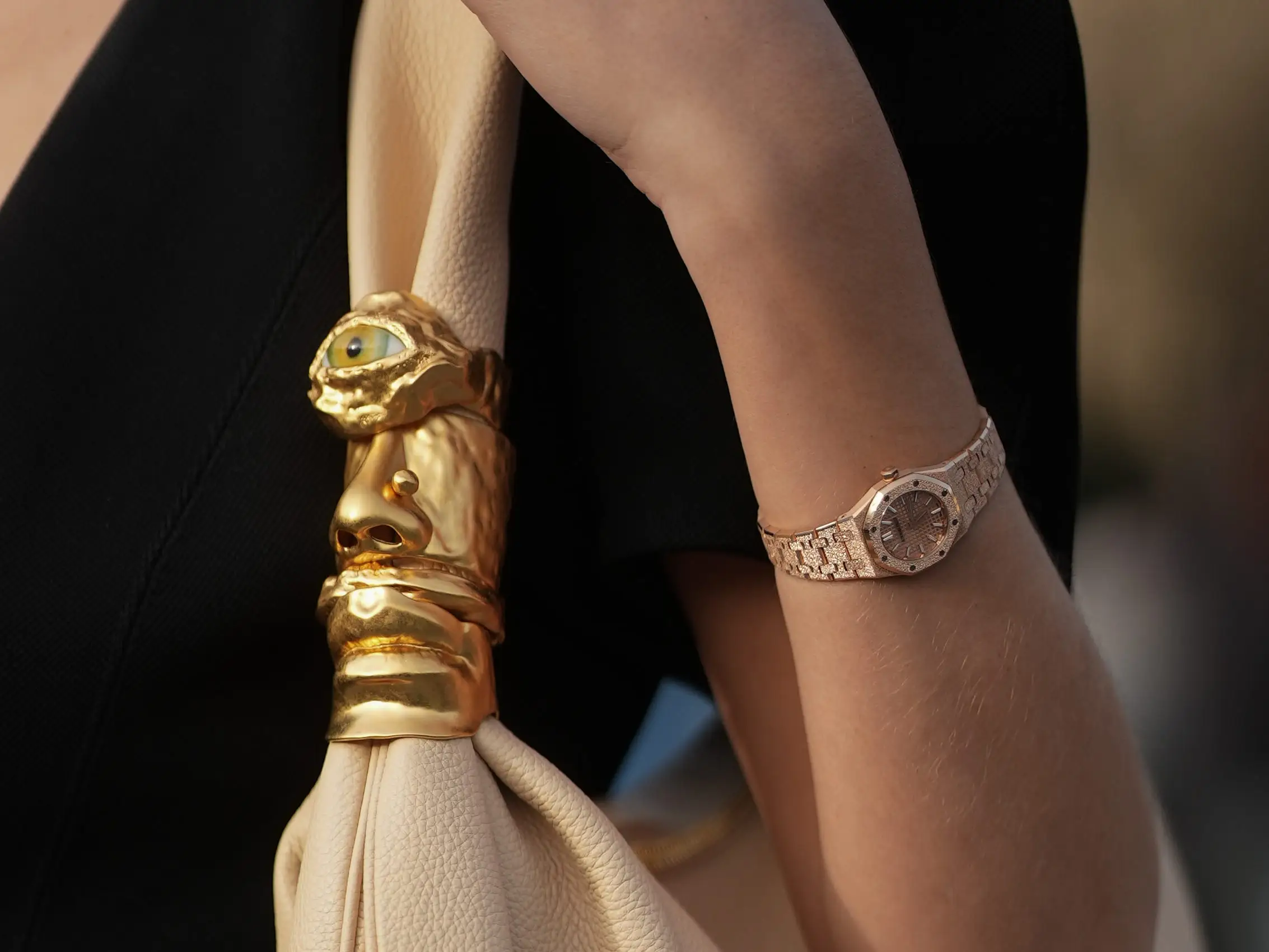 Xenia Adonts wears a frosted Royal Oak mini at Paris Fashion Week 2026.