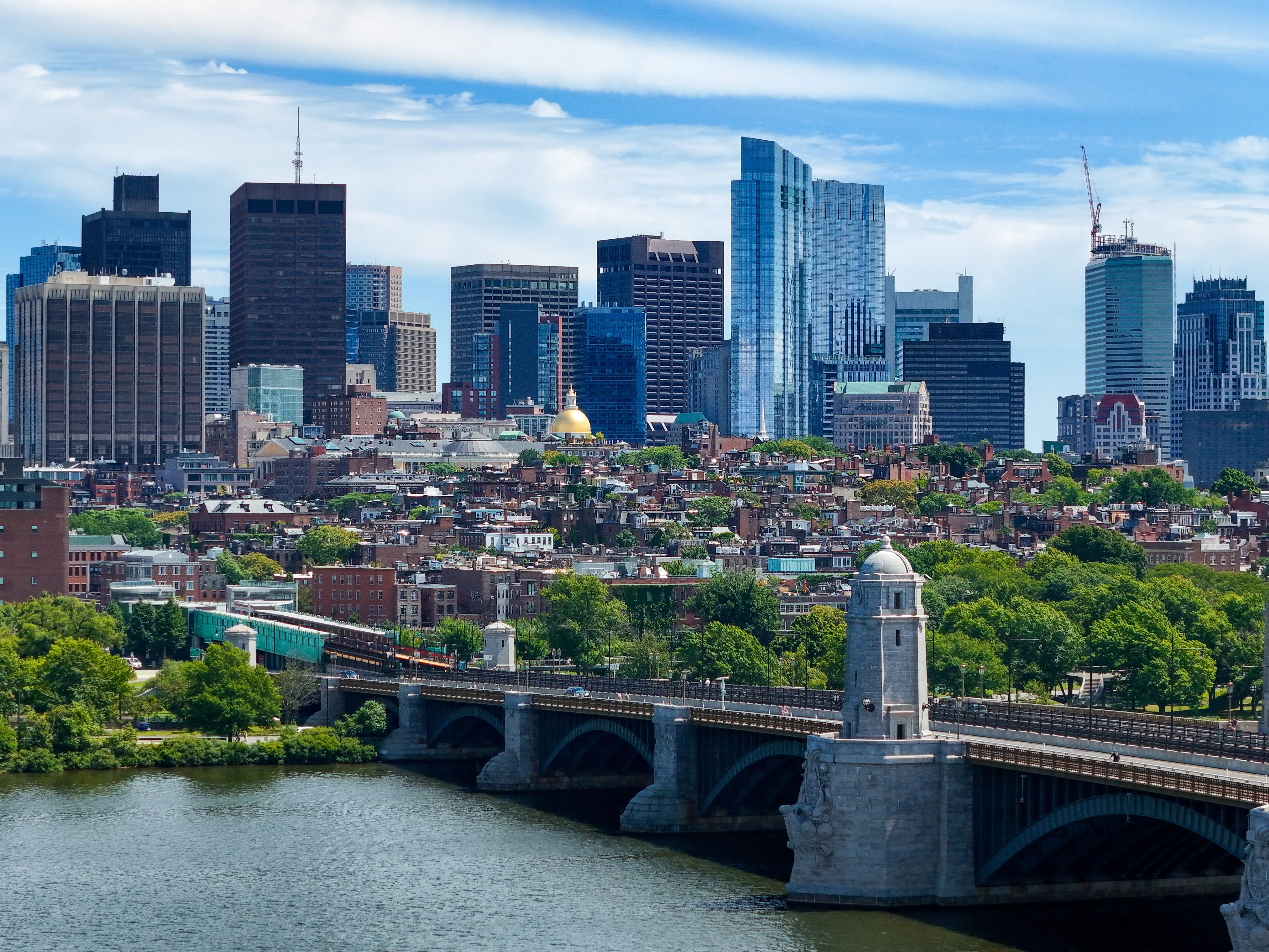 Longer View of the Boston Downtown from the City of Cambridge with the Longfellow Bridge stock photo