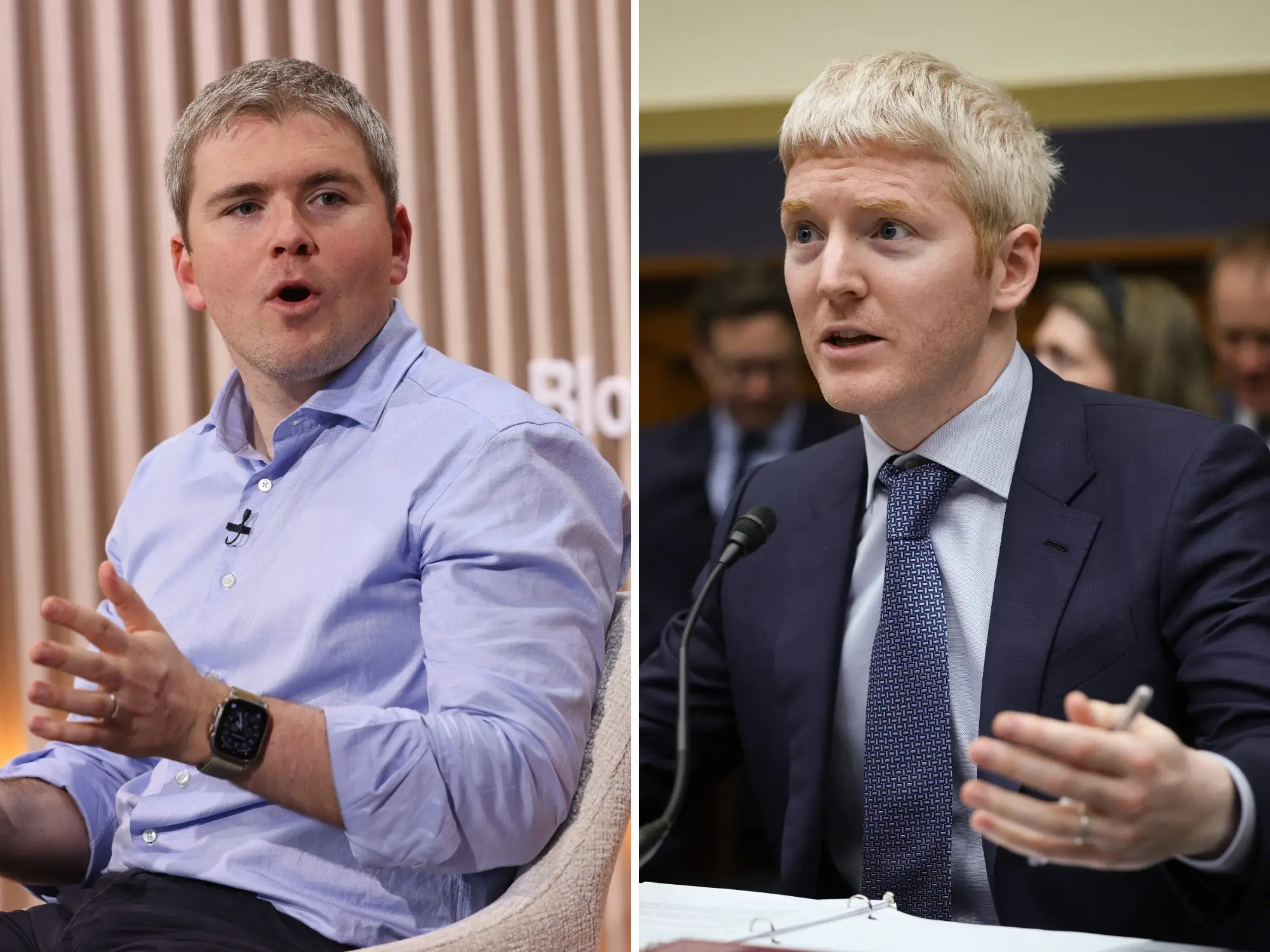 Composite photo: Left is John Collison, co-founder and president of Stripe, speaking during the World Economic Forum (WEF) in Davos, and Patrick Collison, cofounder and CEO of Stripe, testifies before the House Financial Service Committee.