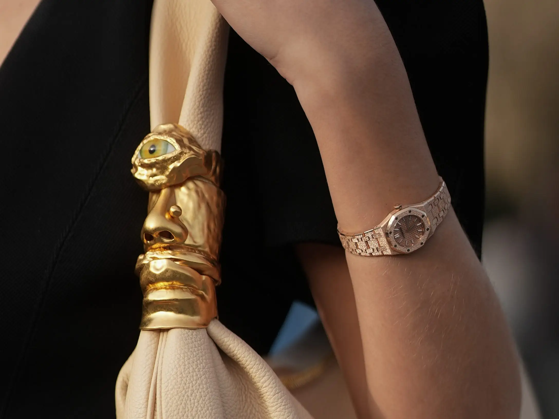 Xenia Adonts wears a frosted Royal Oak mini from Audemars Piguet at Paris Fashion Week 2026.