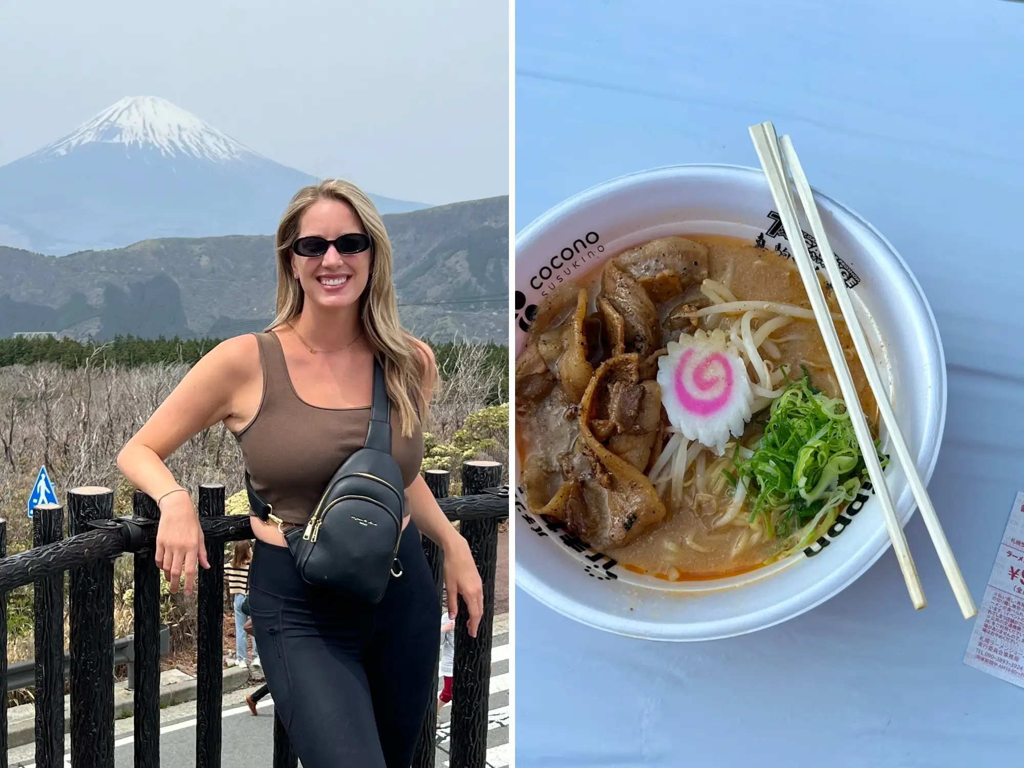 A side-by-side image of the writer posing near Mount Fuji in Hakone, Japan, and an image of ramen at a festival in Sapporo, Japan.