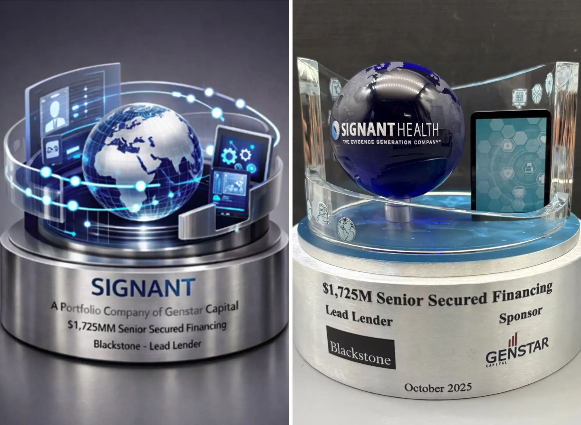 Two corporate financing deal trophies feature Signant Health branding, globe motifs, and Blackstone and Genstar Capital logos.