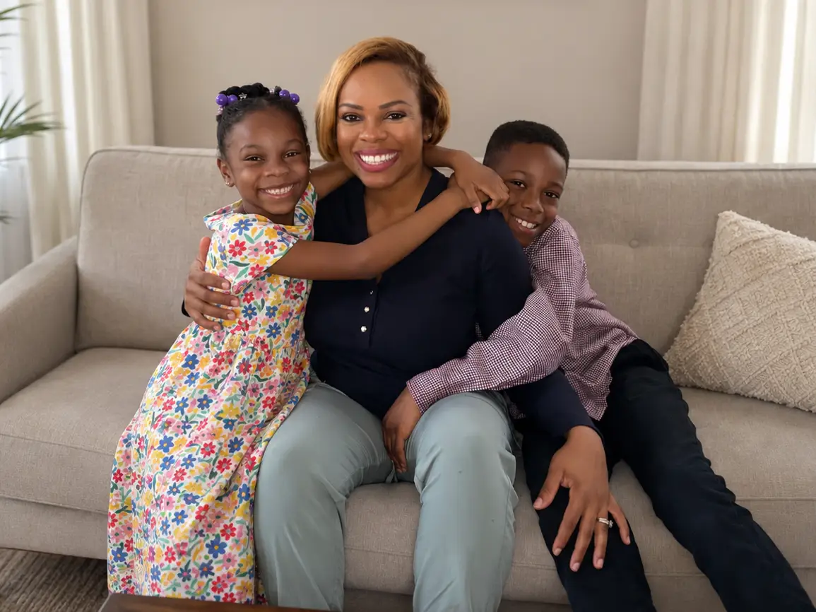 Three smiling people sit close together on a beige sofa in a bright living room.