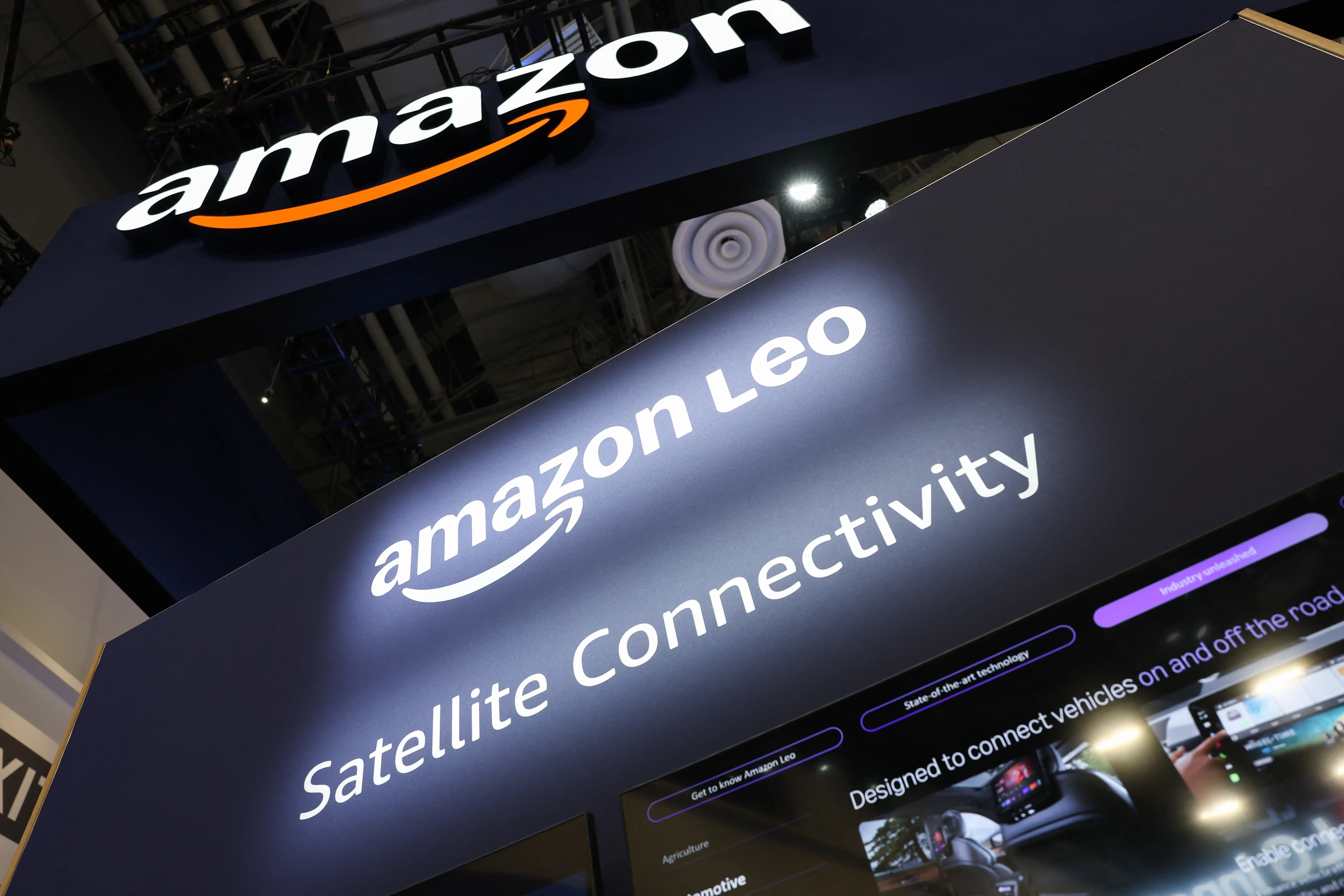Amazon Leo Satellite Connectivity signage is displayed during the annual Consumer Electronics Show (CES) in Las Vegas, Nevada on January 6, 2026.