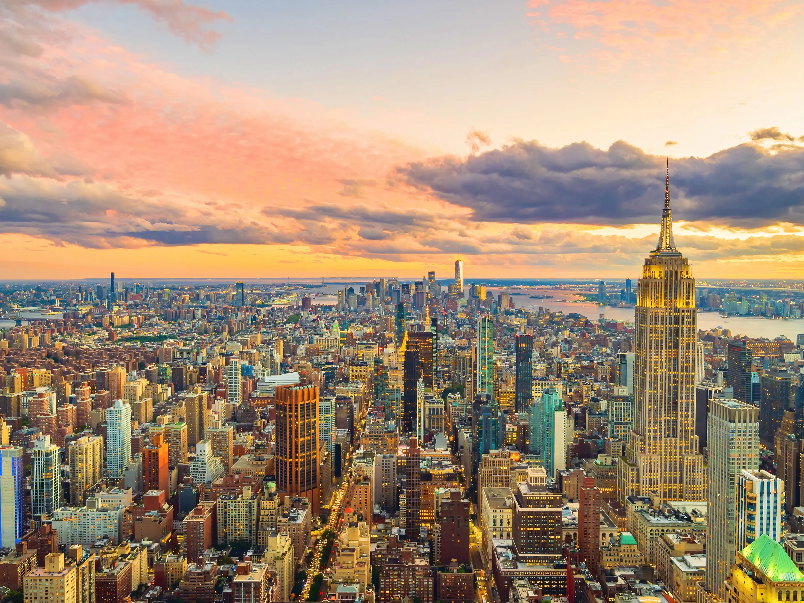 Aerial view of buildings in New York, New York.