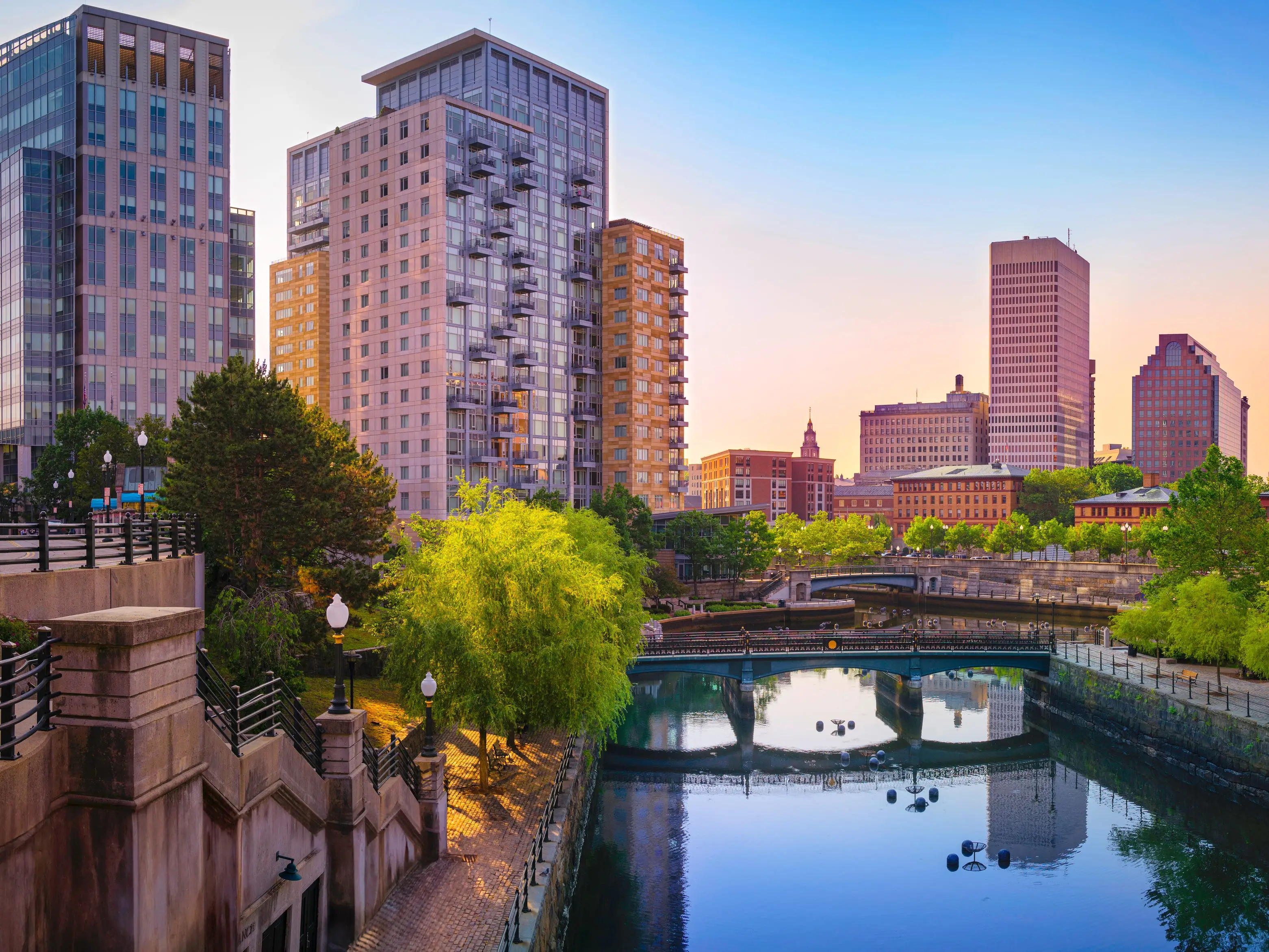 Waterway next to buildings in Providence, Rhode Island.