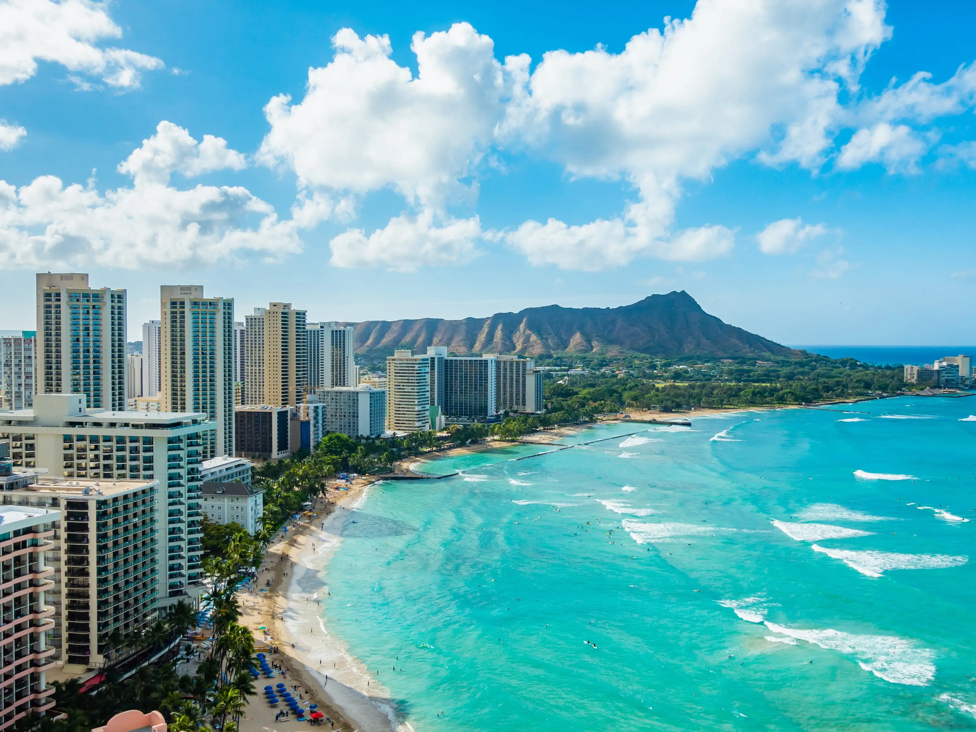 Buildings on coastline in Honolulu, Hawaii.