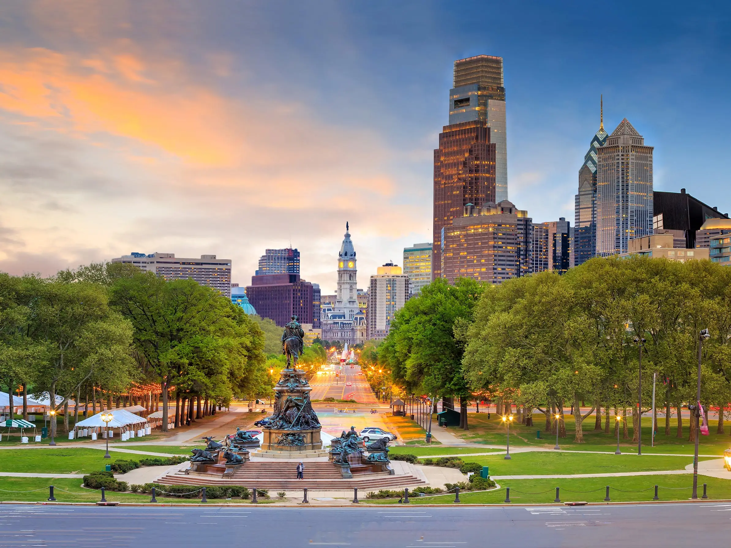Statue and buildings in Philadelphia, Pennsylvania.