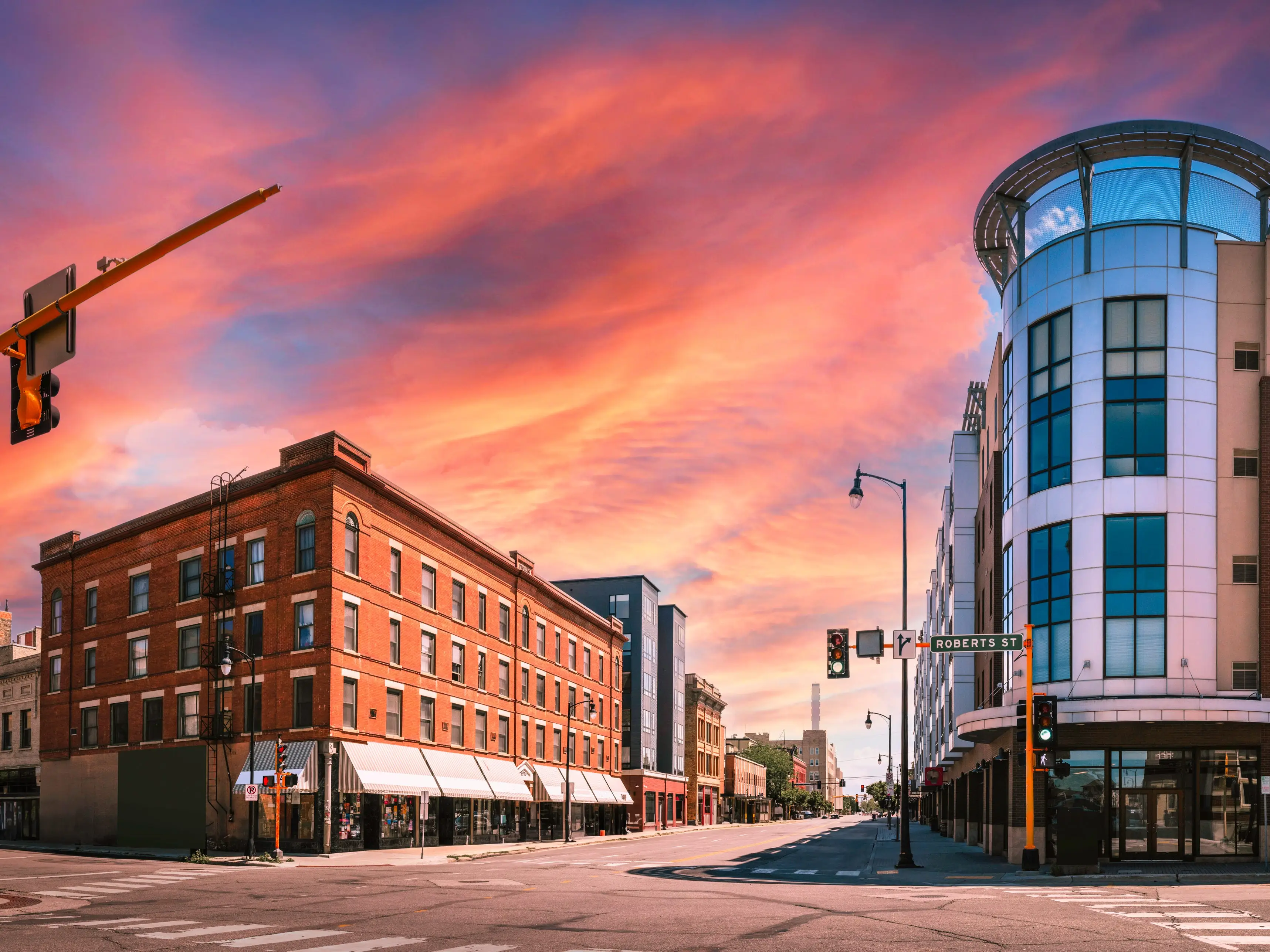Buildings at sunset in Fargo, North Dakota.