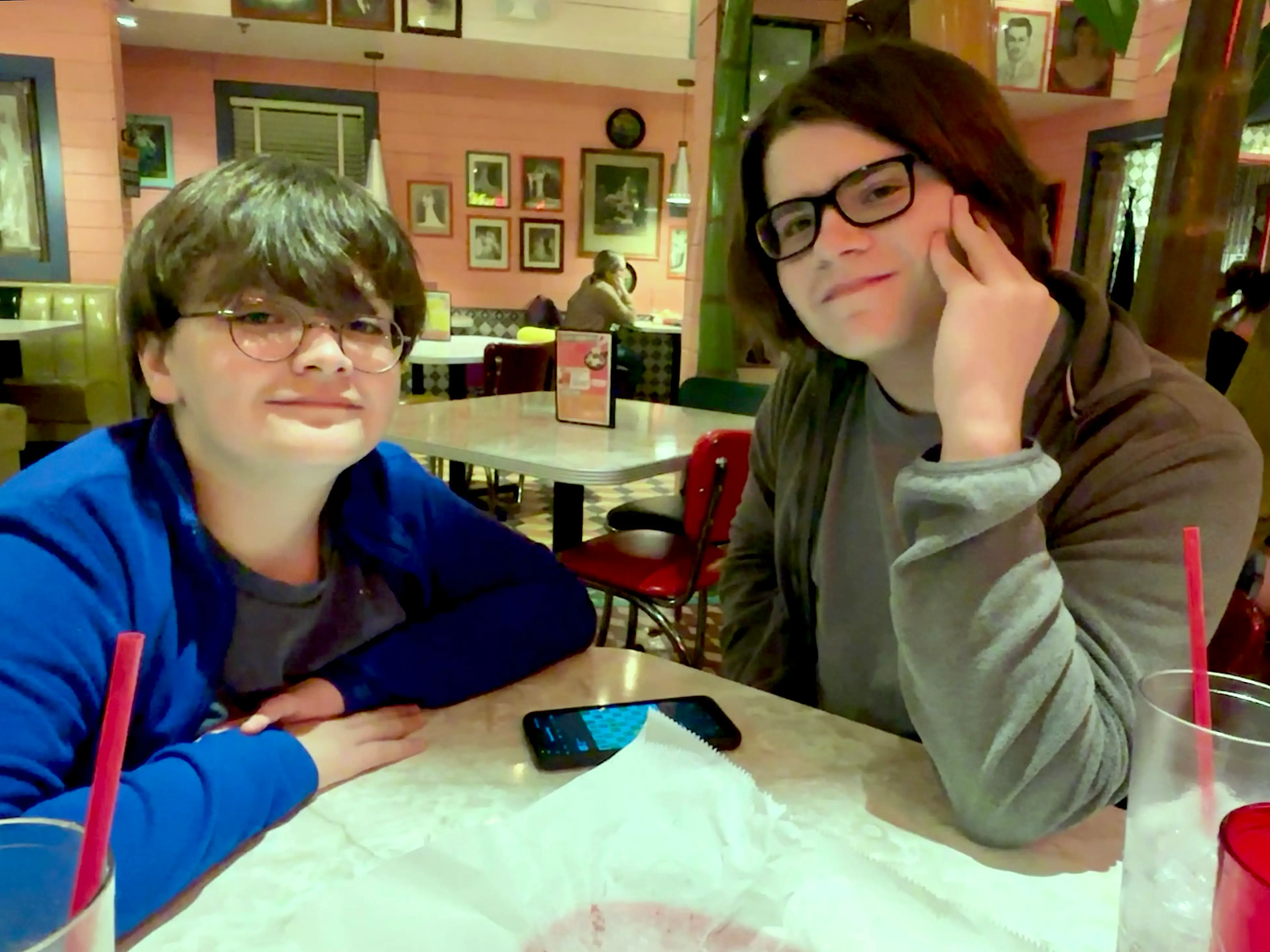 the author's sons at dinner