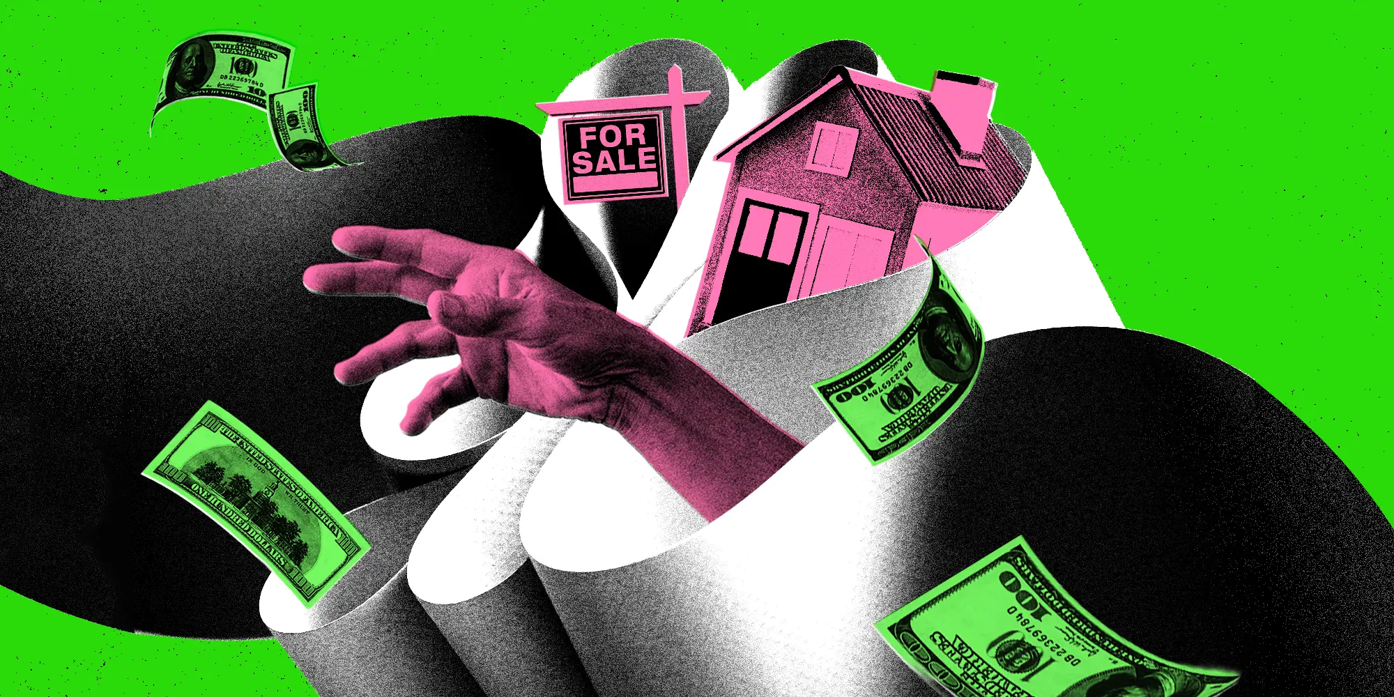 A paper trap showing a hand, house, for sale sign, and money