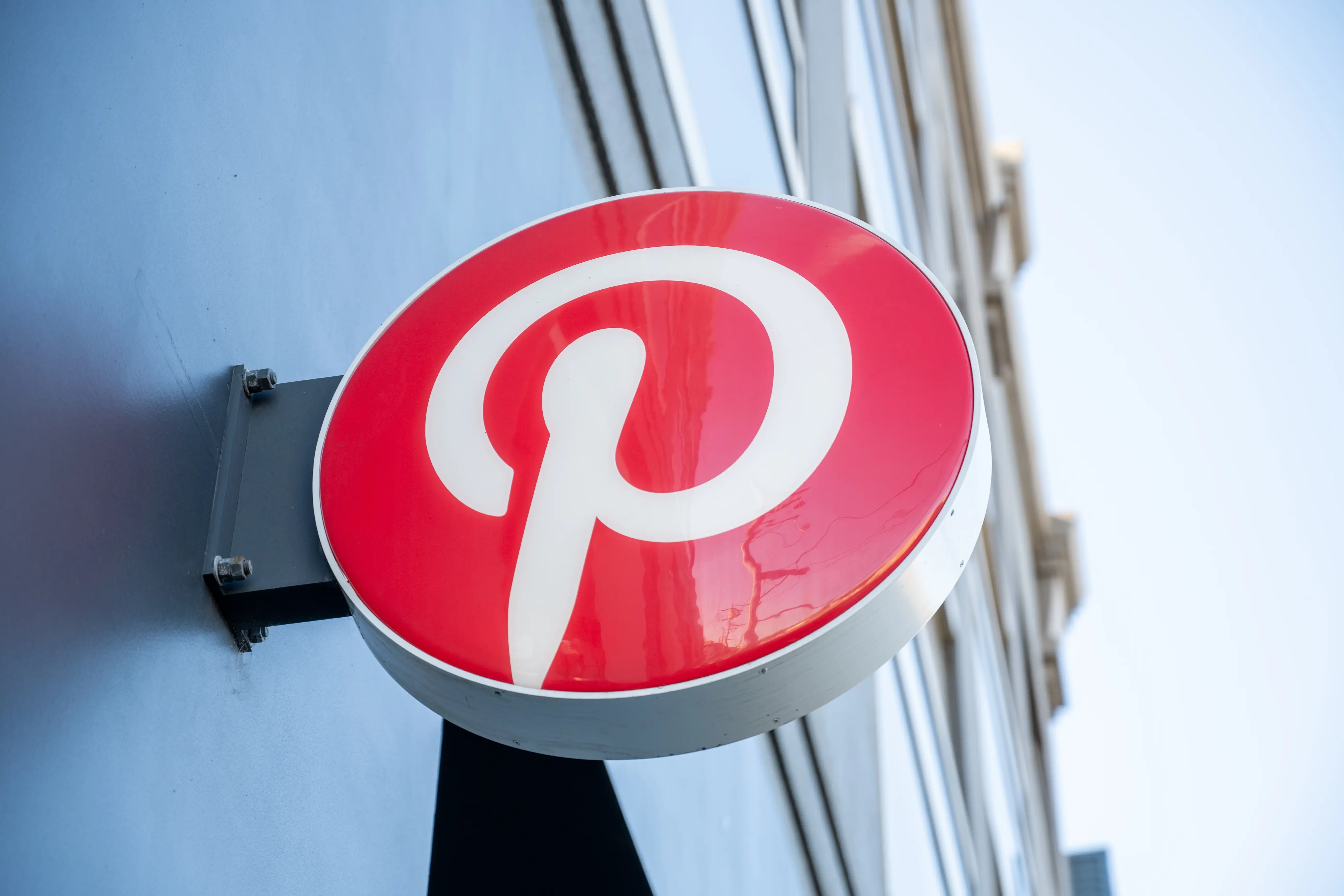 ound Pinterest logo sign mounted on exterior wall of office building, San Francisco, California, March 12, 2026. (Photo by Smith Collection/Gado/Getty Images)