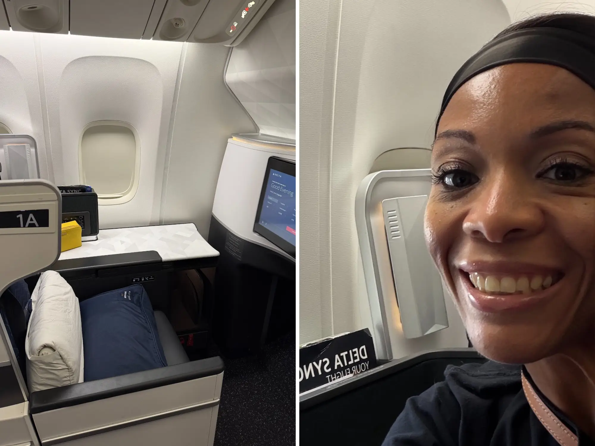 Smiling passenger beside a Delta One seat and airplane window in a premium aircraft cabin.