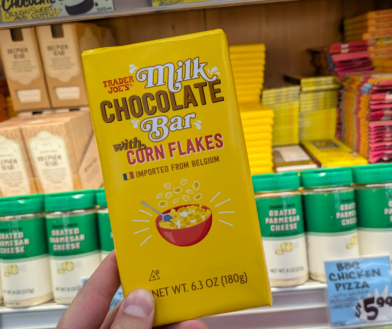 Trader Joe's milk-chocolate bar with corn flakes.