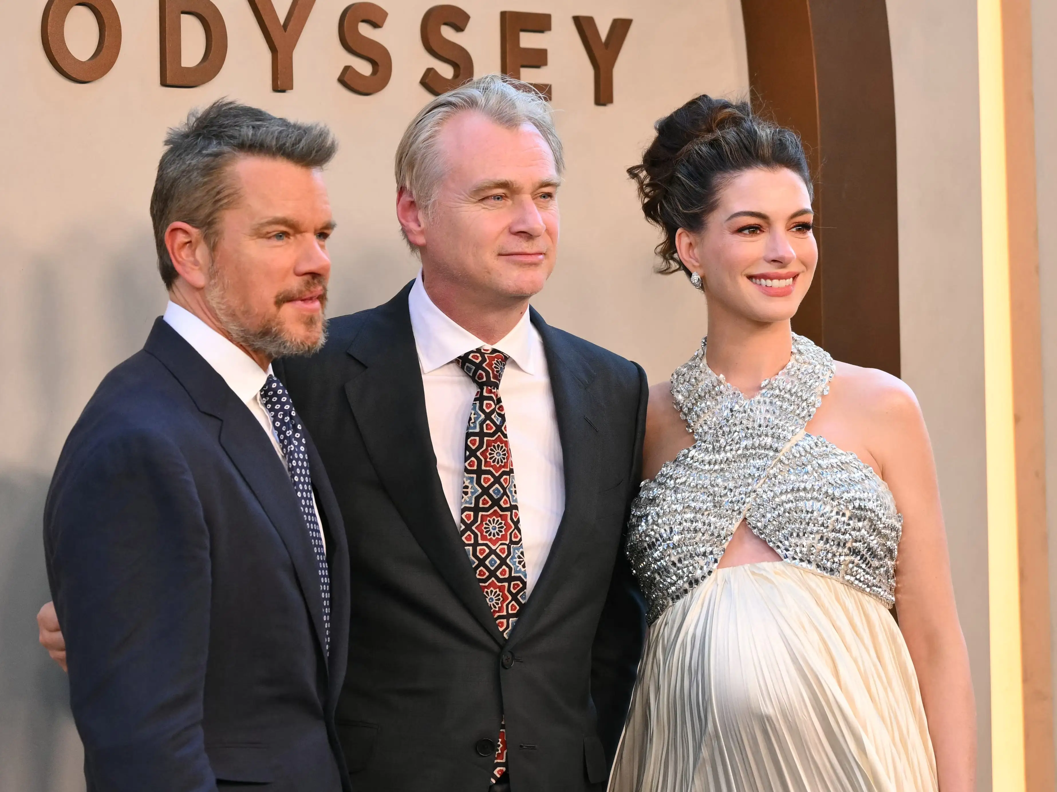 Matt Damon, Christopher Nolan, and Anne Hathaway.