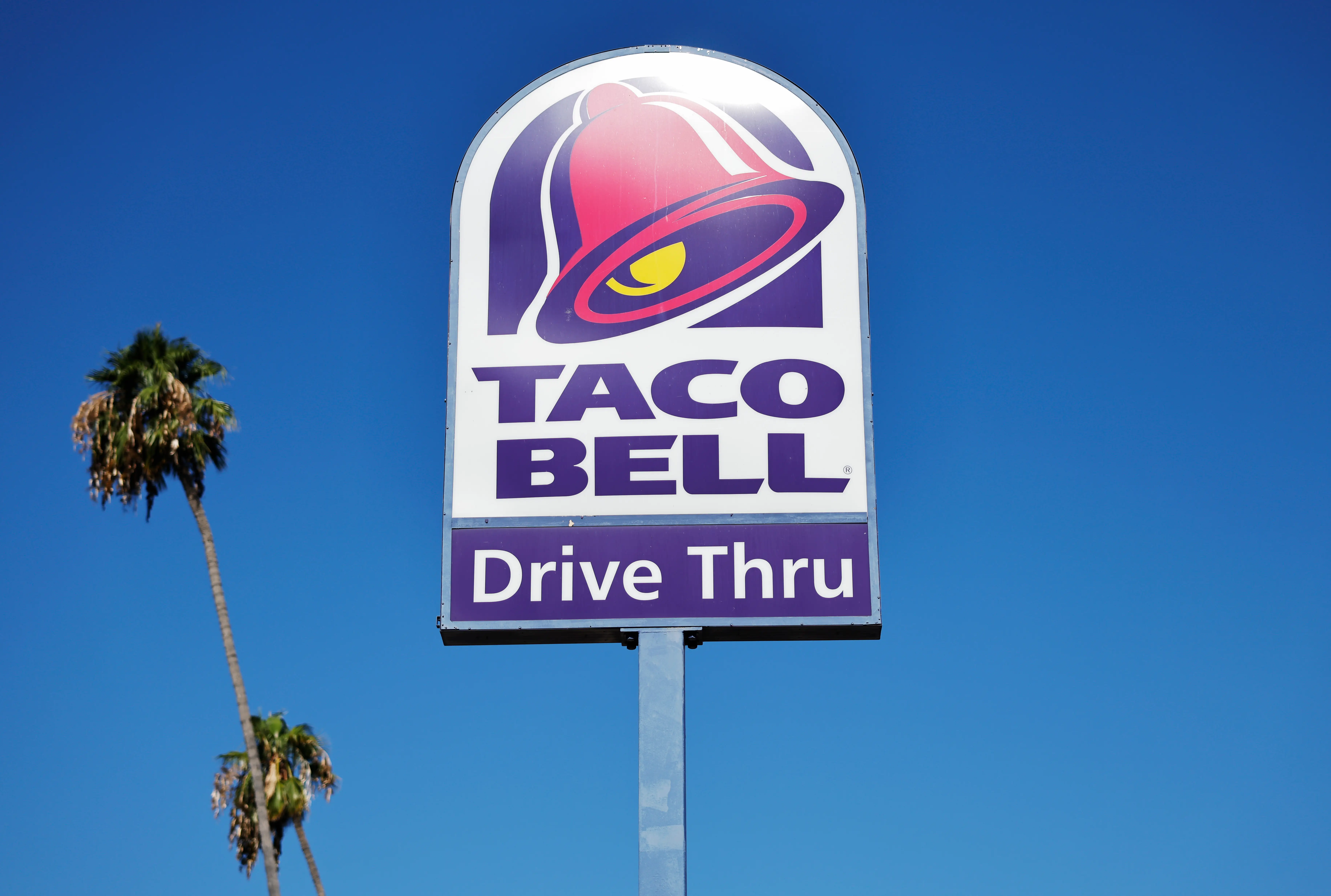 Taco Bell Drive Thru sign stands against a clear blue sky with palm trees nearby.