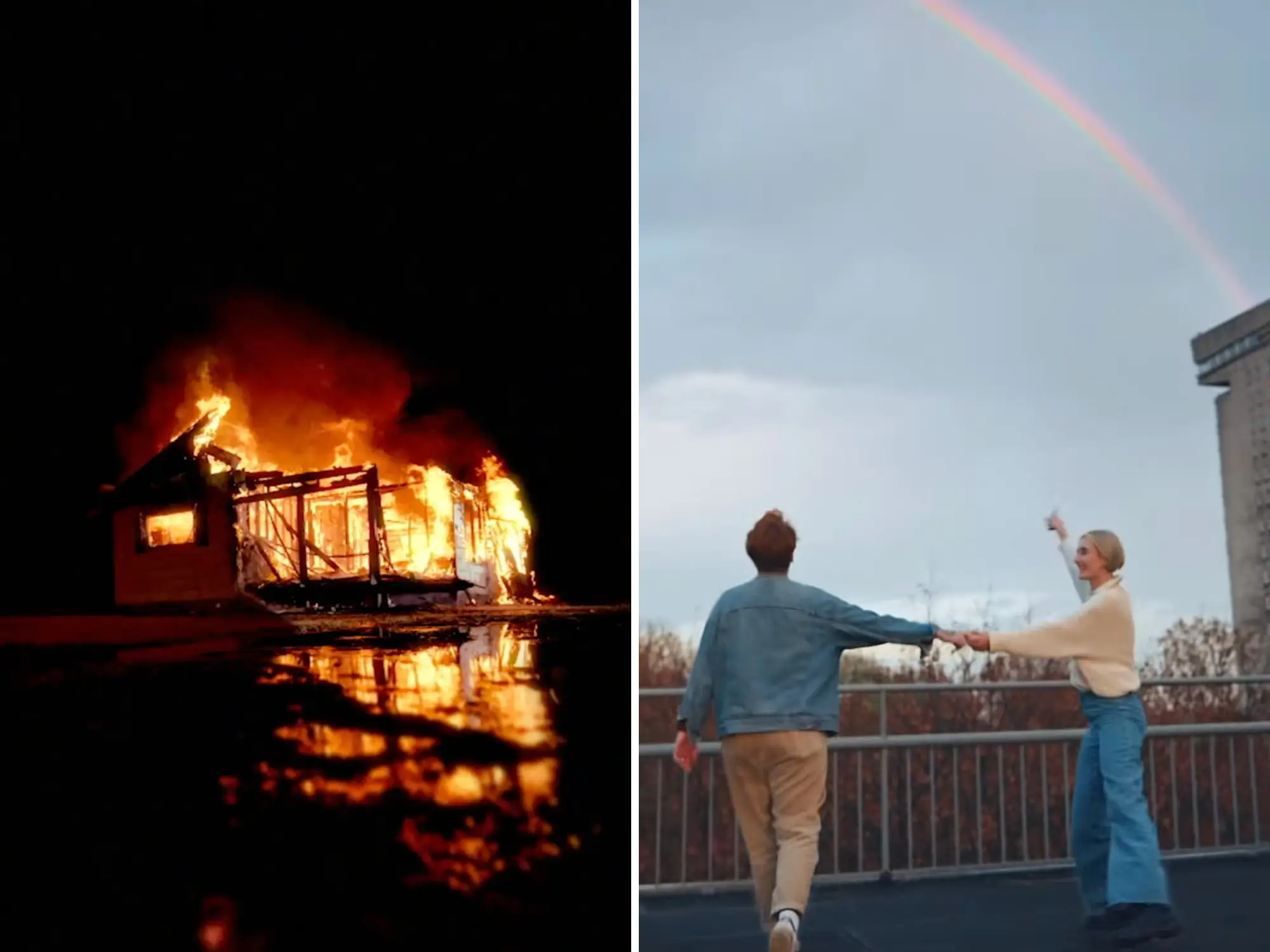 An Anthropic ad showing a burning house and a Meta ad showing a Rainbow are pictured.
