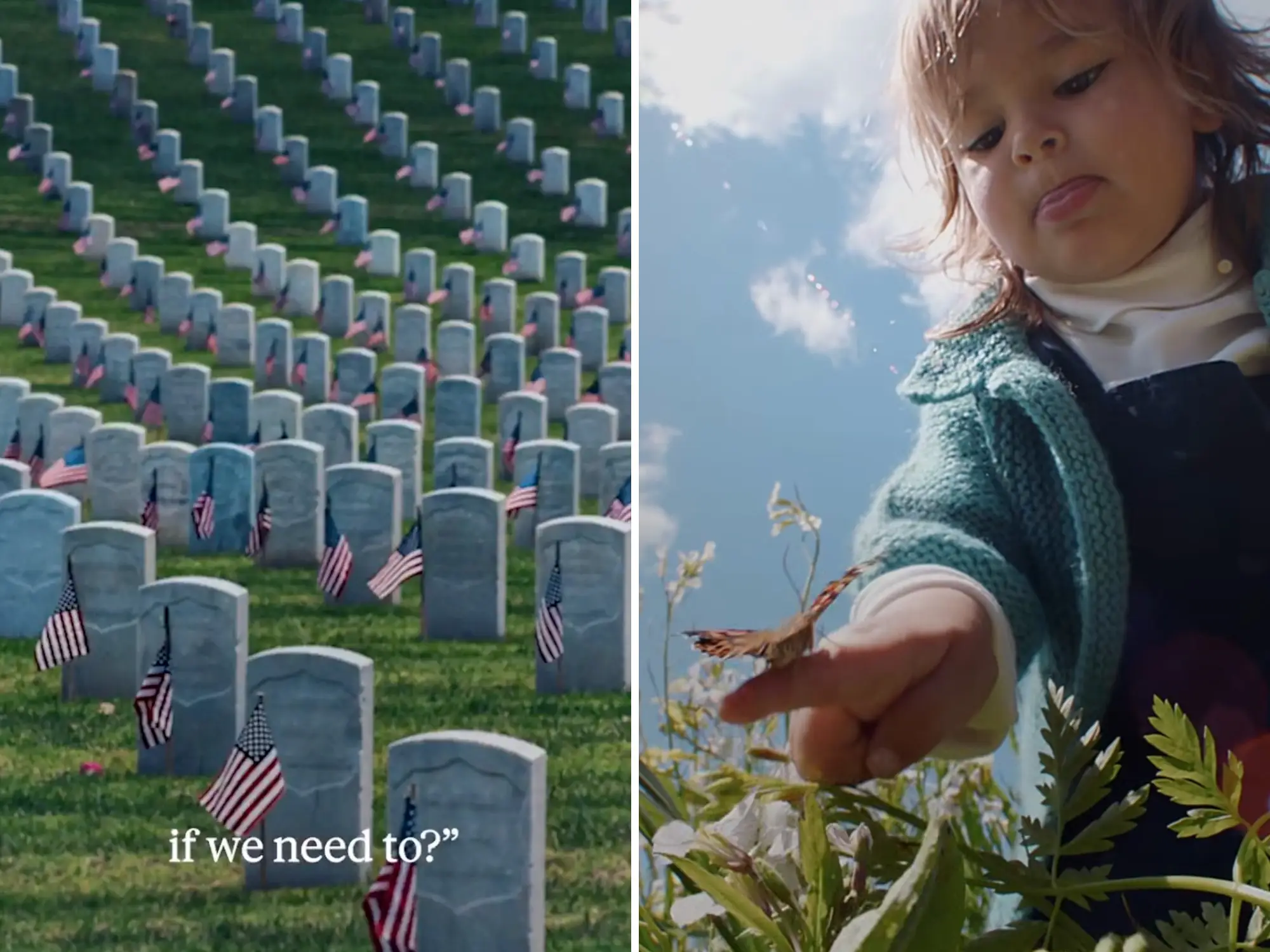 An Anthropic ad with a graveyard and a Meta ad with a child and a butterfly are pictured.