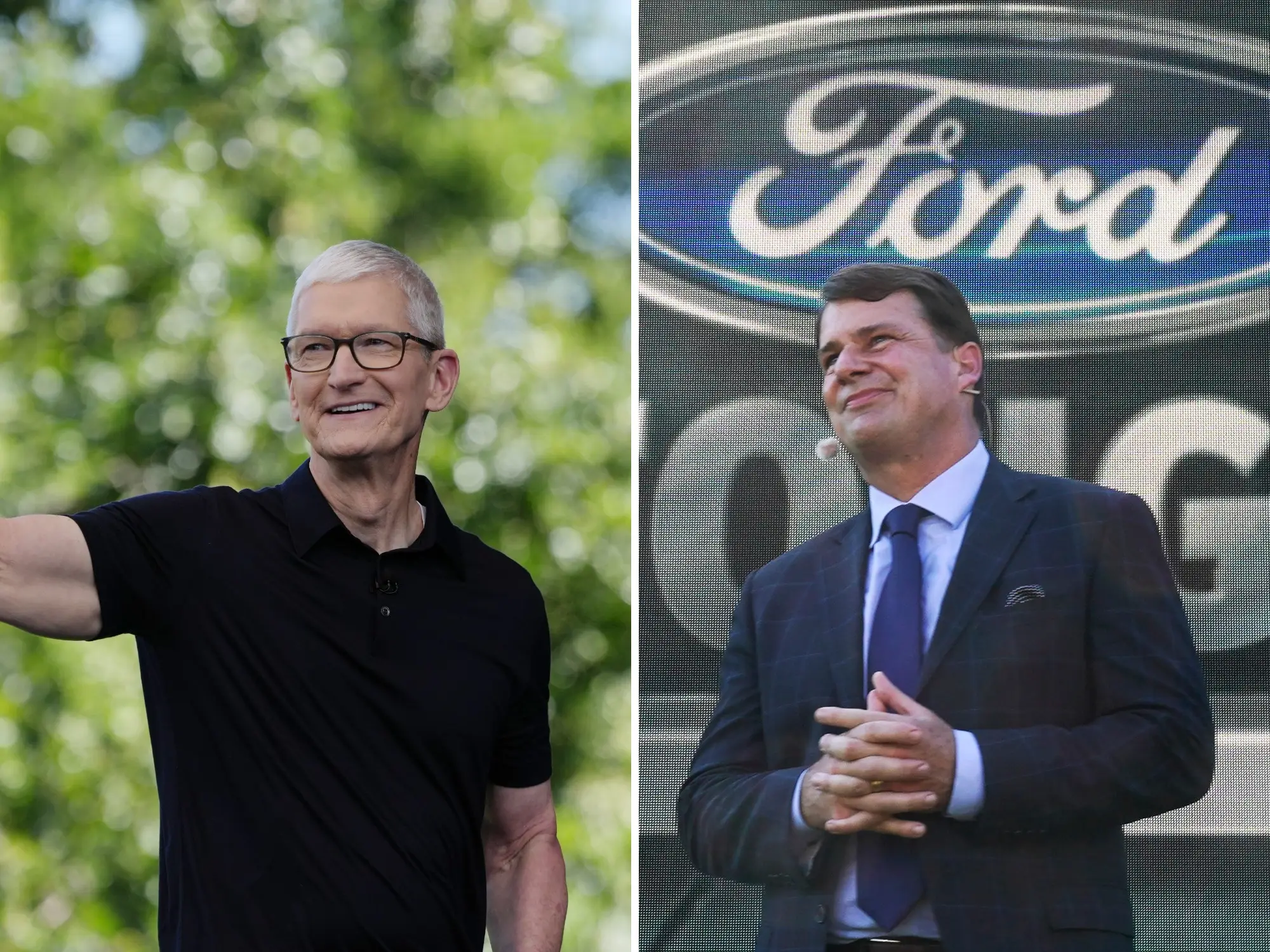 Left: Apple CEO Tim Cook walks onstage during a WWDC conference. Right: Ford CEO Jim Farley clasps his hands while speaking onstage.