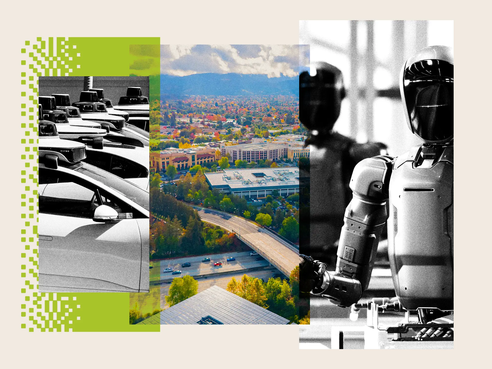 Photo collage of Silicon Valley, robots, and automated cars