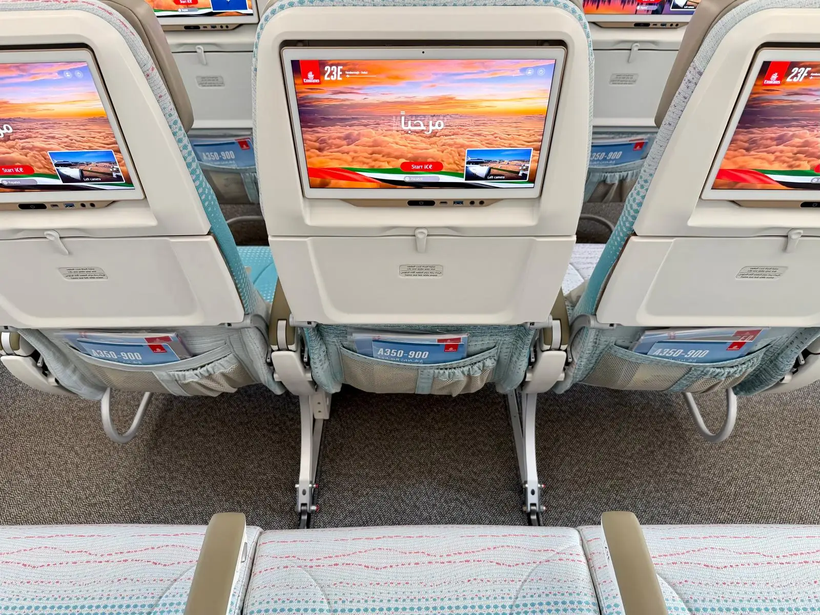 A view of the seatback screens in economy class on an Emirates Airbus A350-900 on display at the 2026 Farnborough Airshow