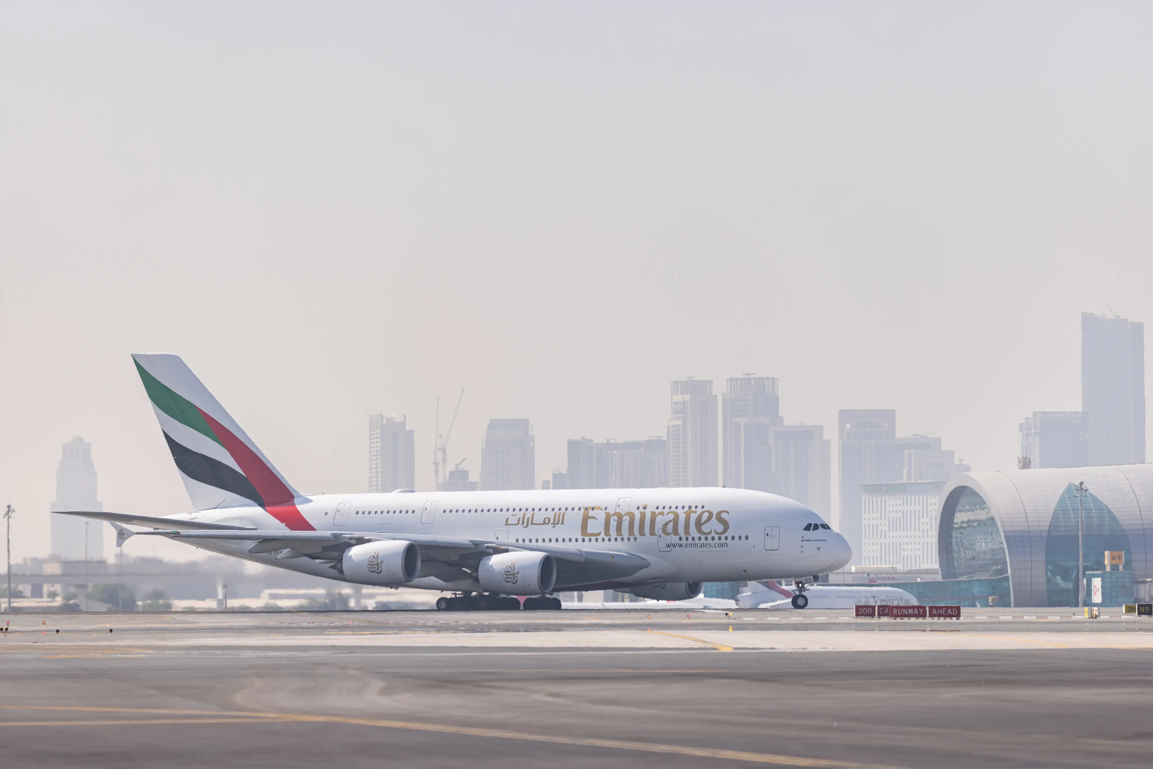 An Emirates Airline Airbus A380 aircraft at Dubai International Airport in Dubai, United Arab Emirates, on Wednesday, Nov. 27, 2024.