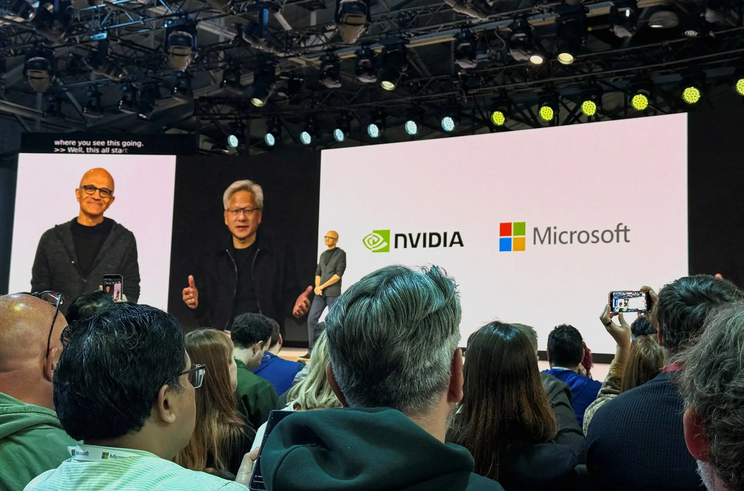 Jensen Huang speaks via video link at a Microsoft conference