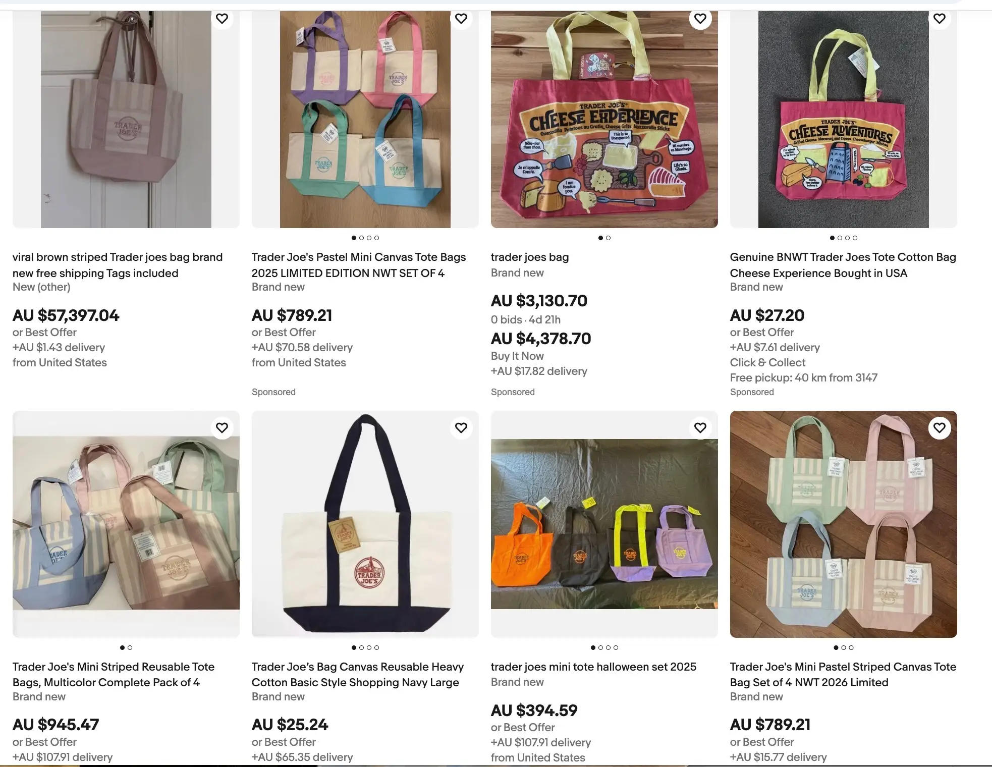 Trader Joe's tote bags listed on ebay
