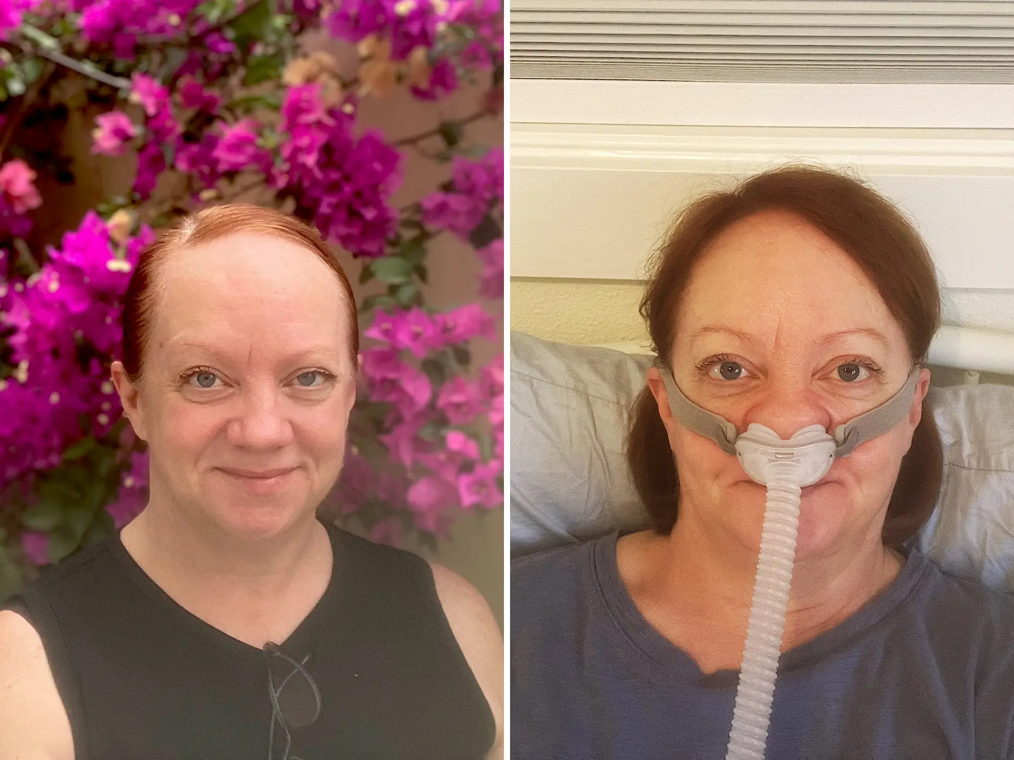 Side-by-side portraits of the author outdoors with pink flowers and indoors wearing a respiratory mask in bed.