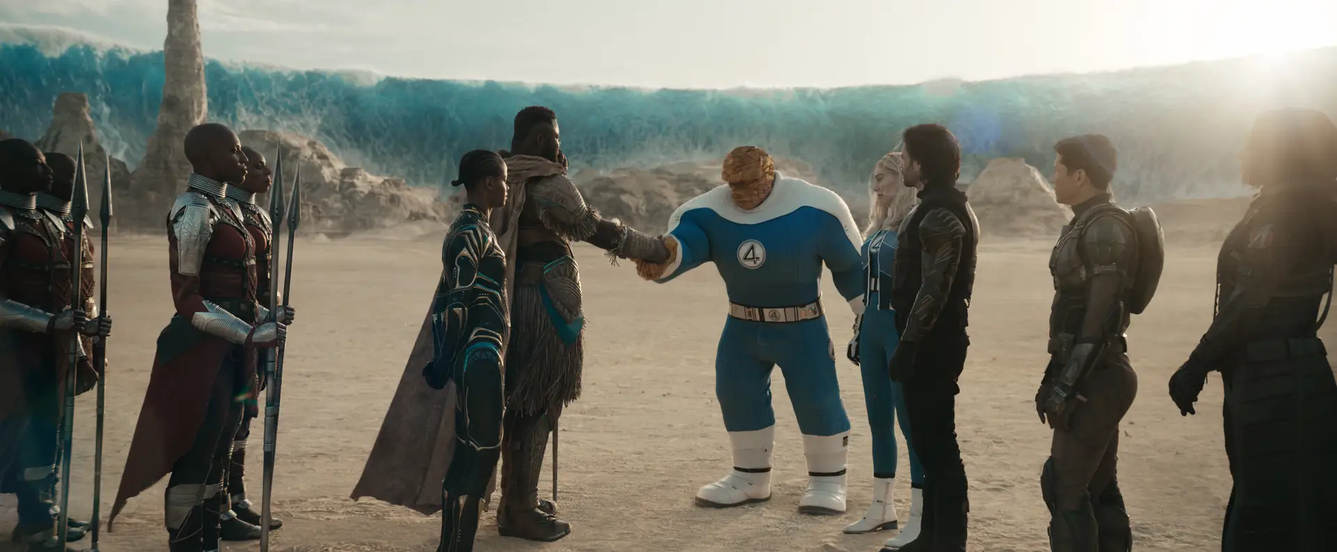 M'Baku (Winston Duke) shakes hands with The Thing (Ebon Moss-Bachrach) in 