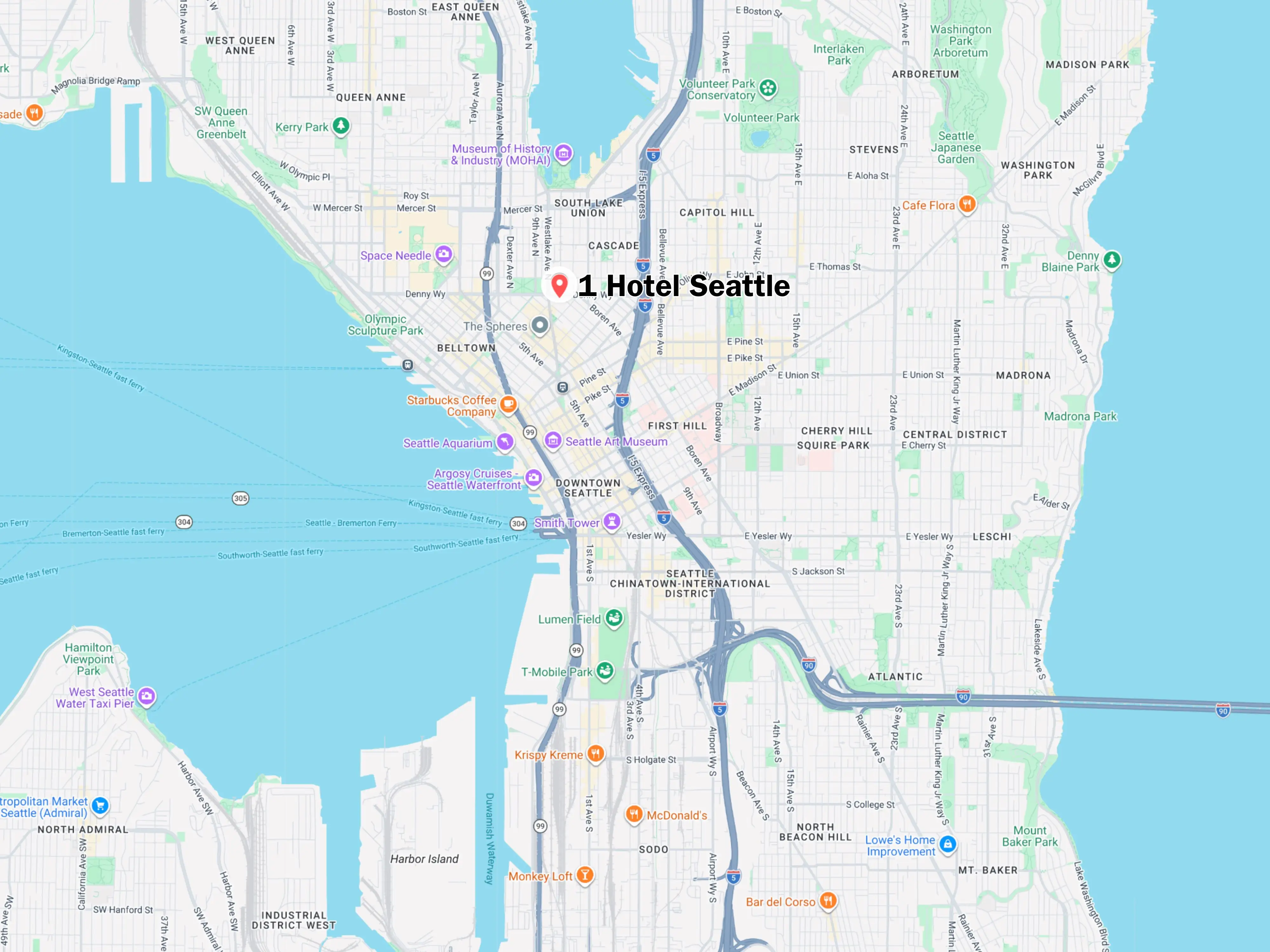 Map of Seattle waterfront and downtown neighborhoods with a red pin labeled 1 Hotel Seattle near Cascade.