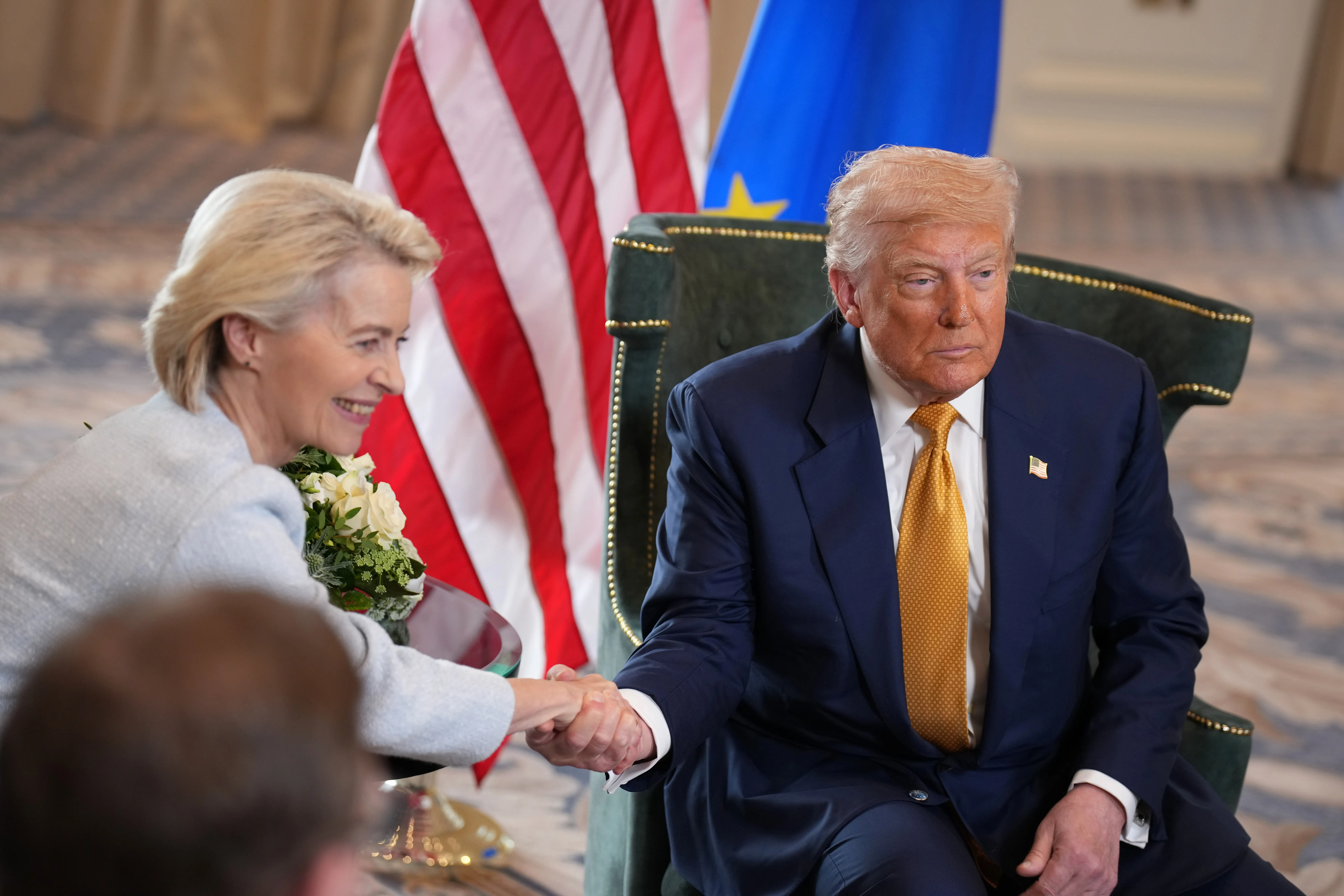 .S. President Donald Trump shakes hands with President of the European Commission Ursula von der Leyen as he announces a trade deal with the EU at Trump Turnberry golf club on July 27, 2025 in Turnberry, Scotland. U.S. President Donald Trump is visiting his Trump Turnberry golf course, as well as Trum