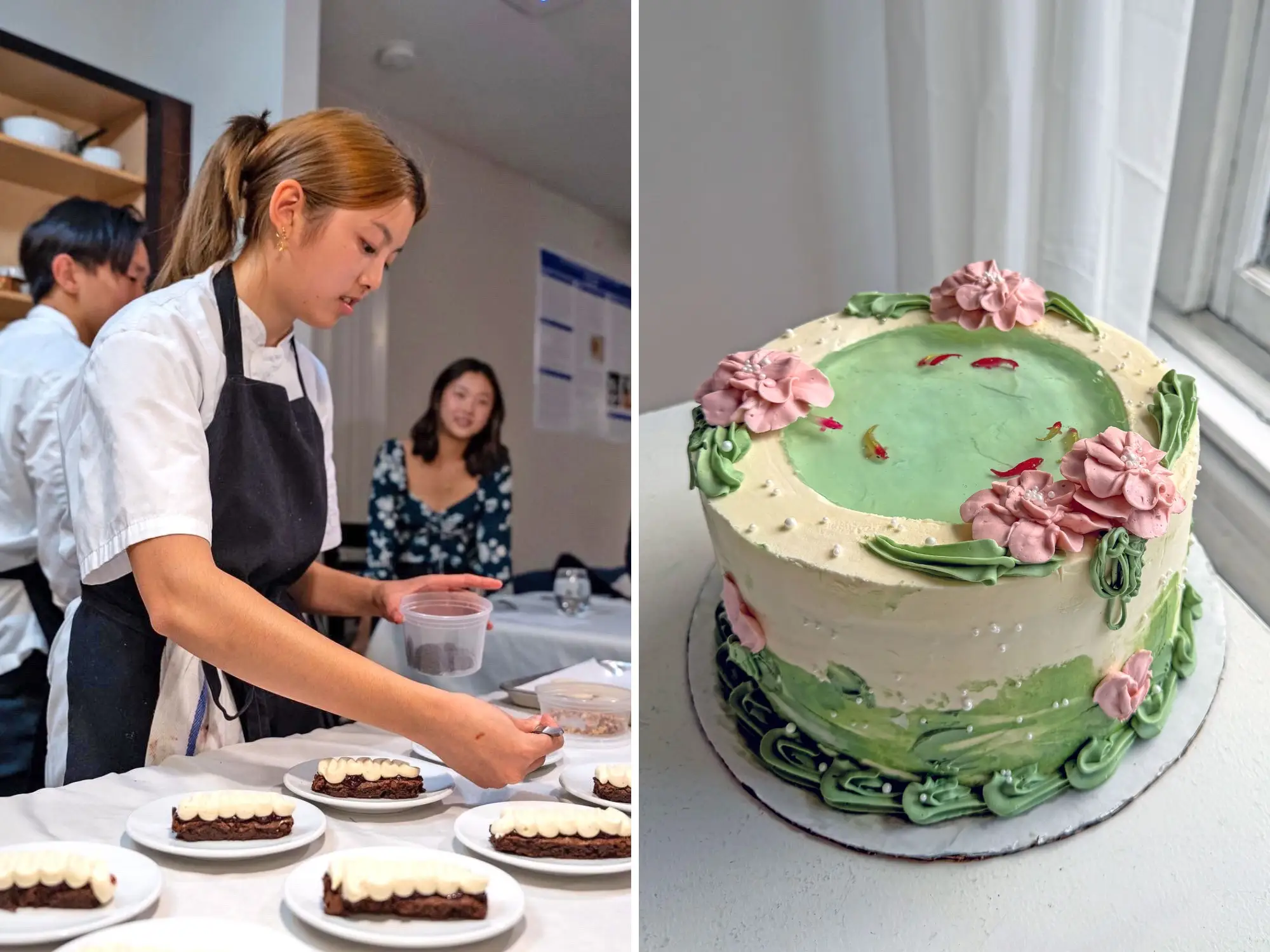 A side-by-side image of the writer at a pastry class and an image of a cake decorated with intricate flowers and leaves made of frosting.
